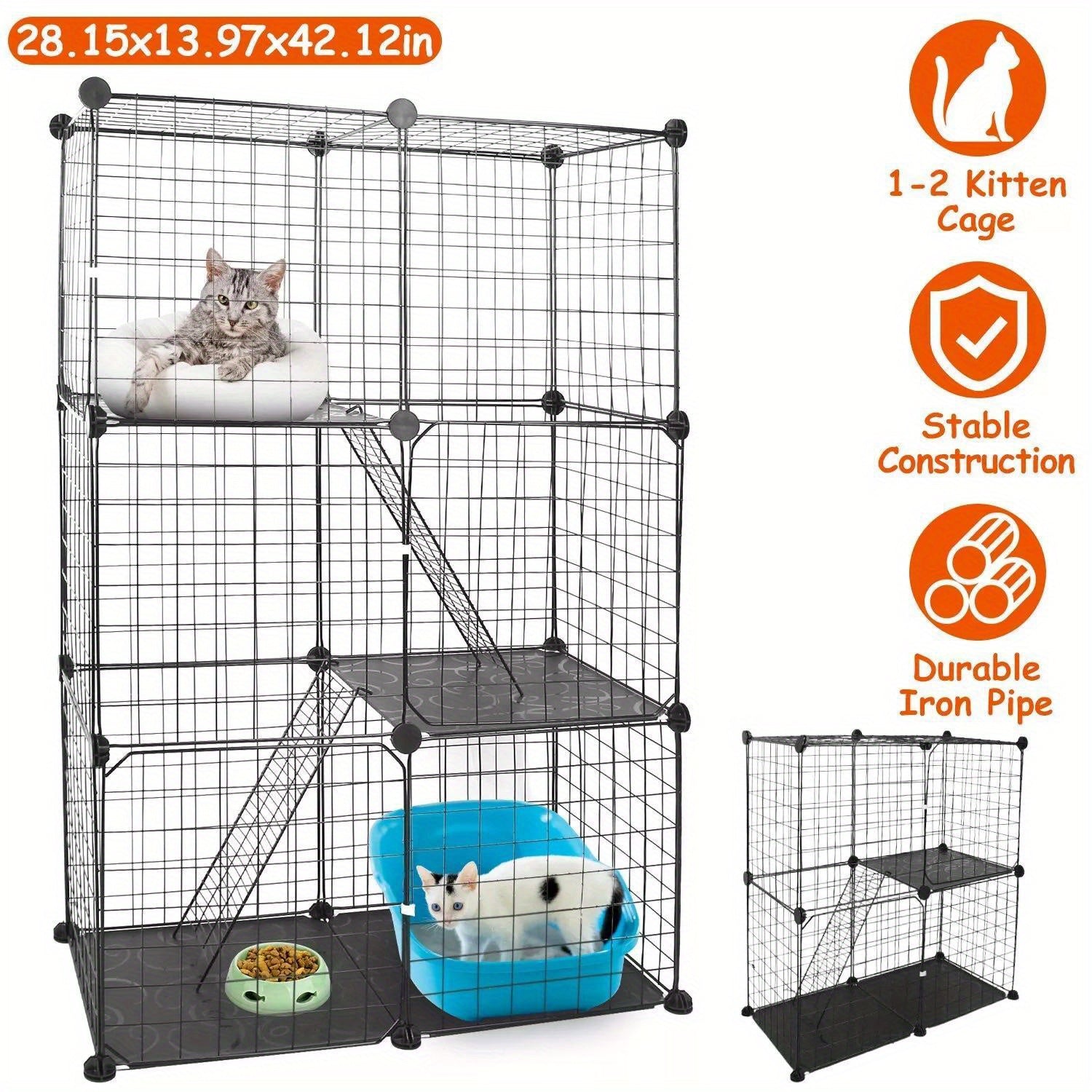 3 Tier Cat Playpen Cage Metal Indoor Cat House Detachable Kitten House with 3 Doors 2 Ladders Large Cat Exercise Place for 1-2 Cats Black