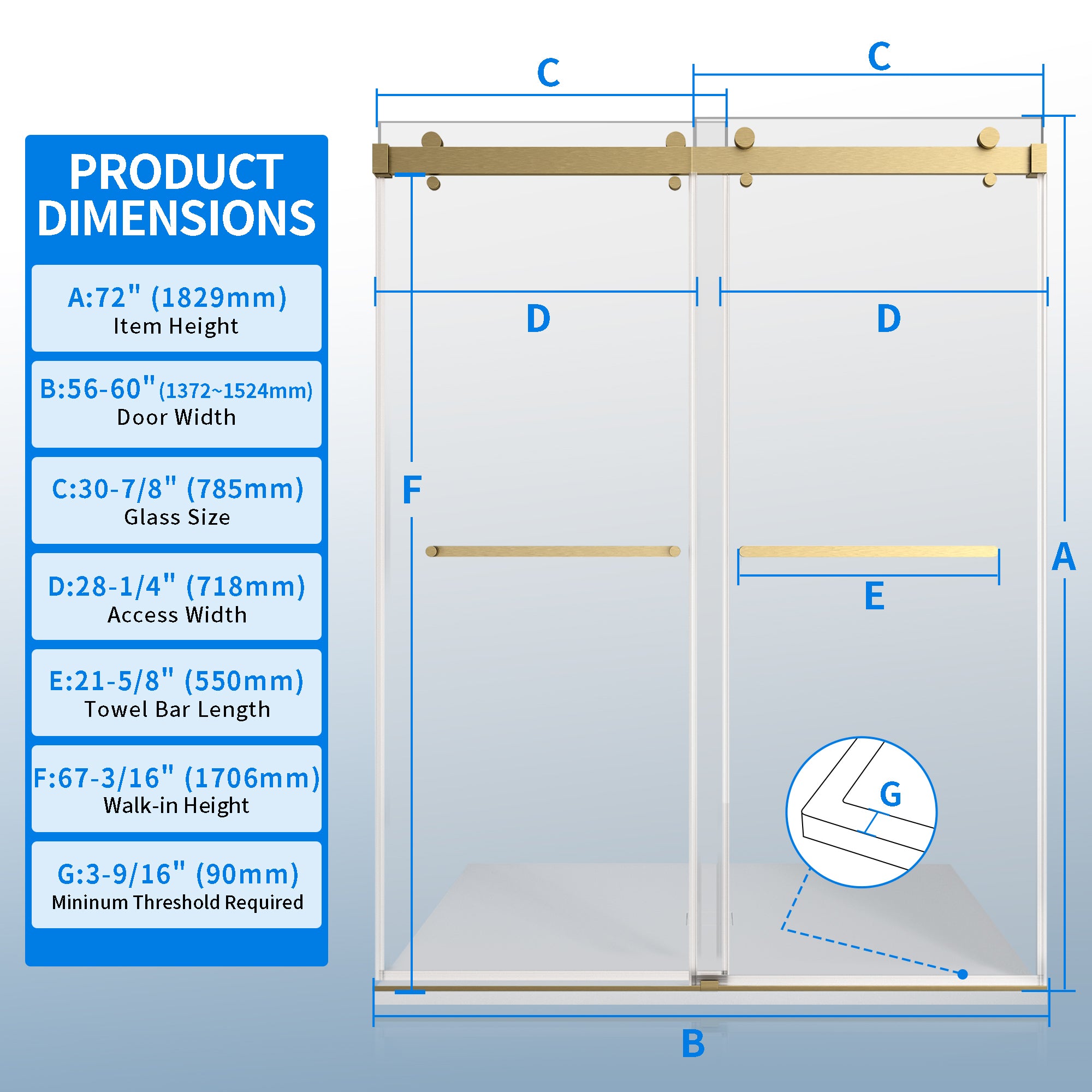 56" - 60" W × 72" H Double Sliding Framless Soft-Close Shower Door With 3/8 inches (10mm) Tempered Safety Glass, Brushed Gold Finish