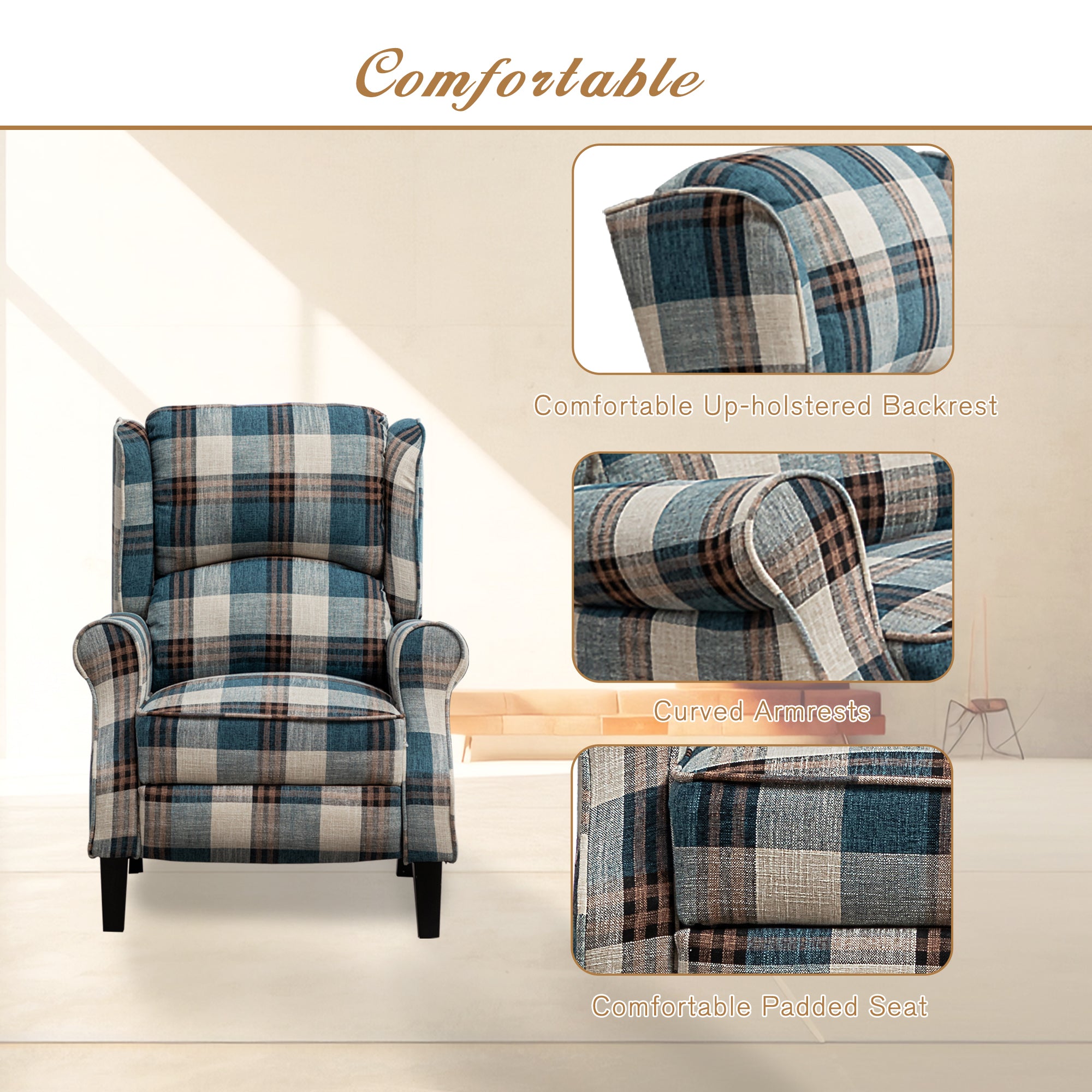 Vintage Armchair Sofa Comfortable Upholstered leisure chair / Recliner Chair for Living Room(Blue Check)