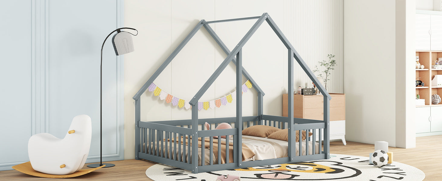 Full Wood House-Shaped Floor Bed with Fence, Guardrails,Grey