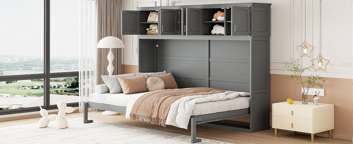 Queen Size Murphy Bed Wall Bed with Top Cabinets,Gray