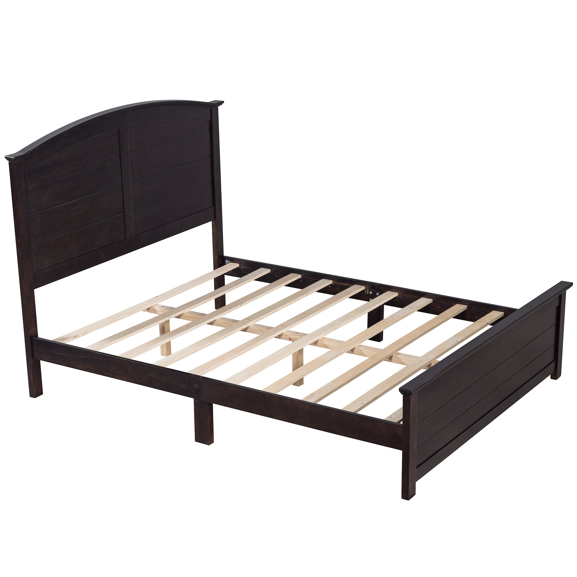 Farmhouse Wooden Platform Queen Size Bed with Curl Design Headboard and Footboard for Teenager, Espresso