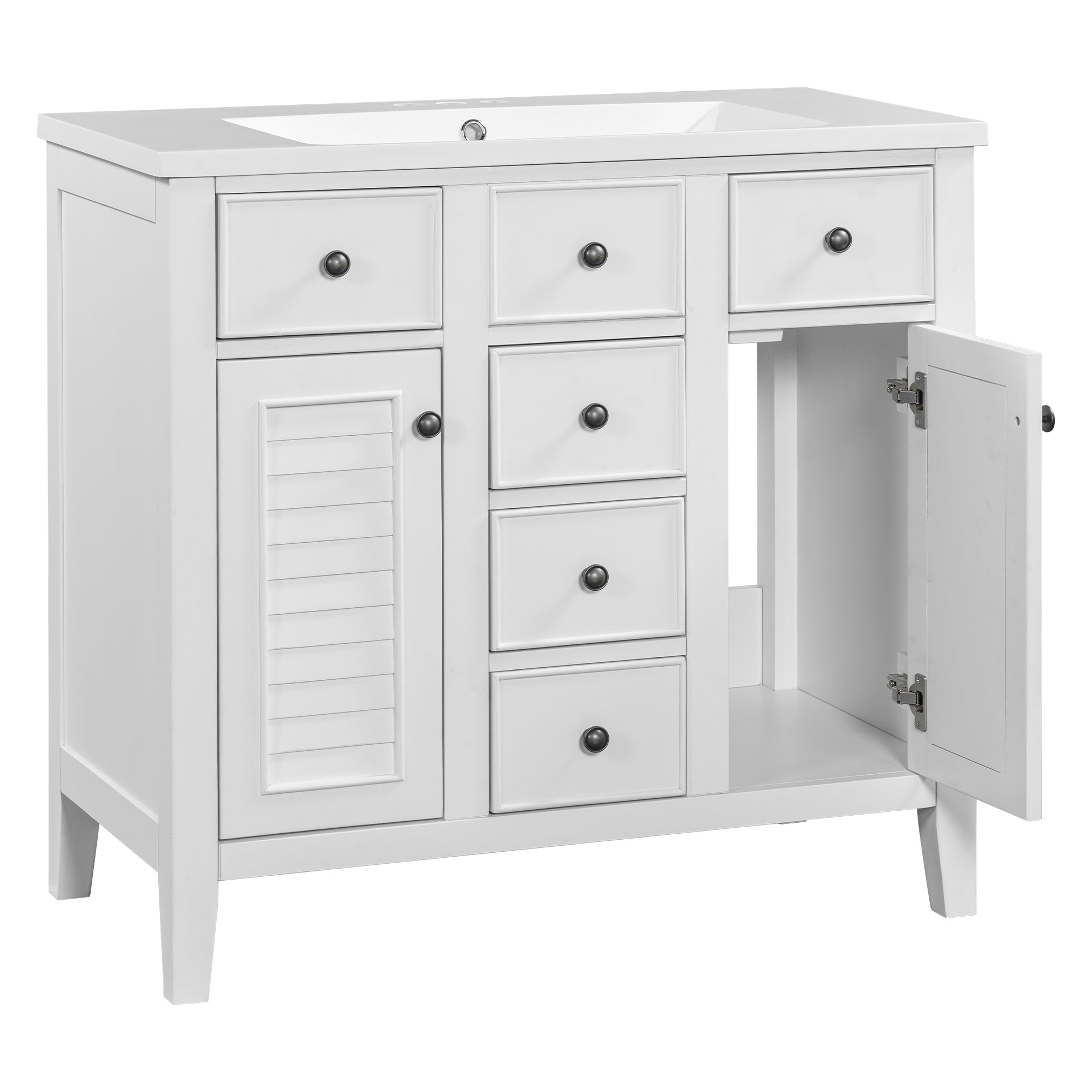 36" Bathroom Vanity with Ceramic Basin, Two Cabinets and Five Drawers, Solid Wood Frame, White (OLD SKU: SY999202AAK-1)