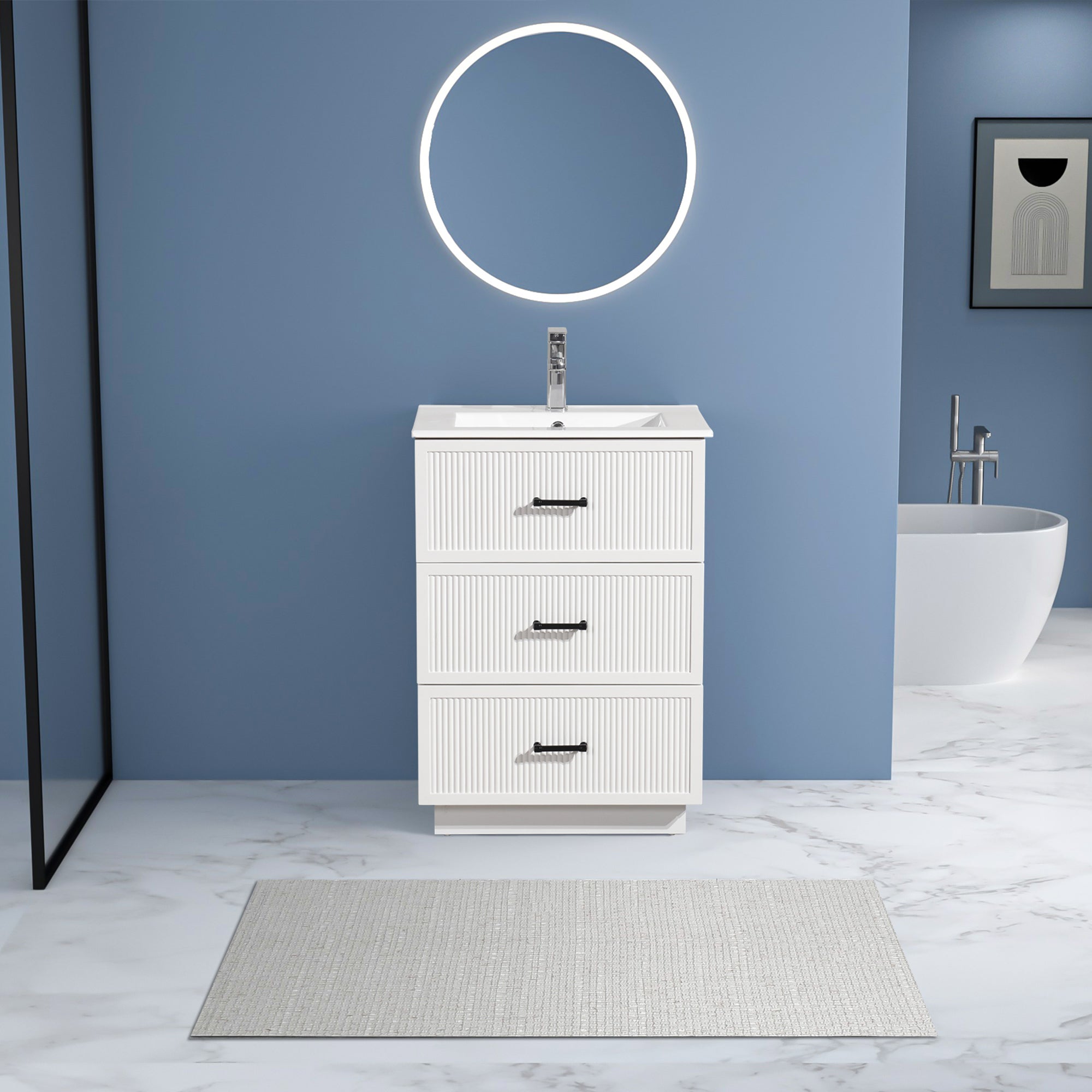 24 Inch Bathroom Vanity with Ceramic Sink Set, Modern Freestanding Bathroom Storage Cabinet with 2 Drawers, Floor Standing Bath Vanity Combo, White