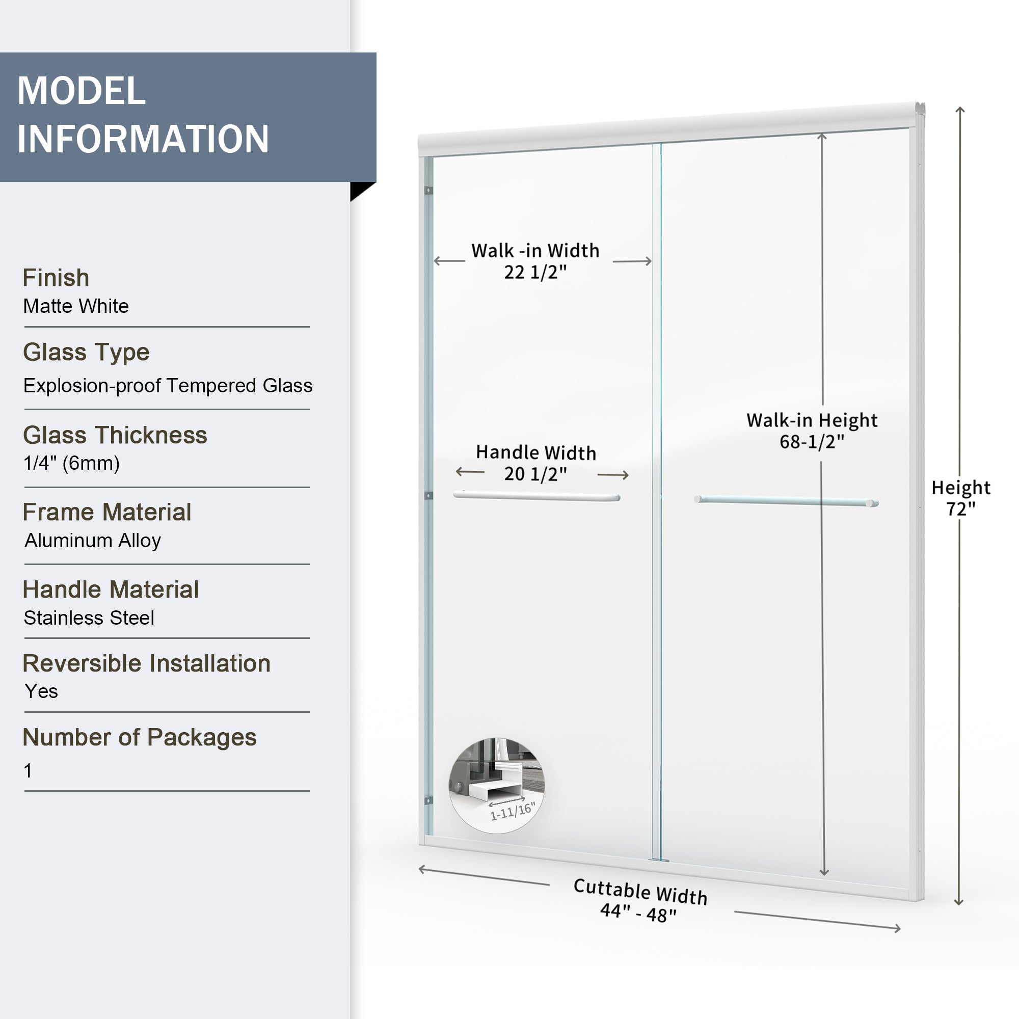 Semi-frameless double sliding shower door, 44-48 inch, White, installed view