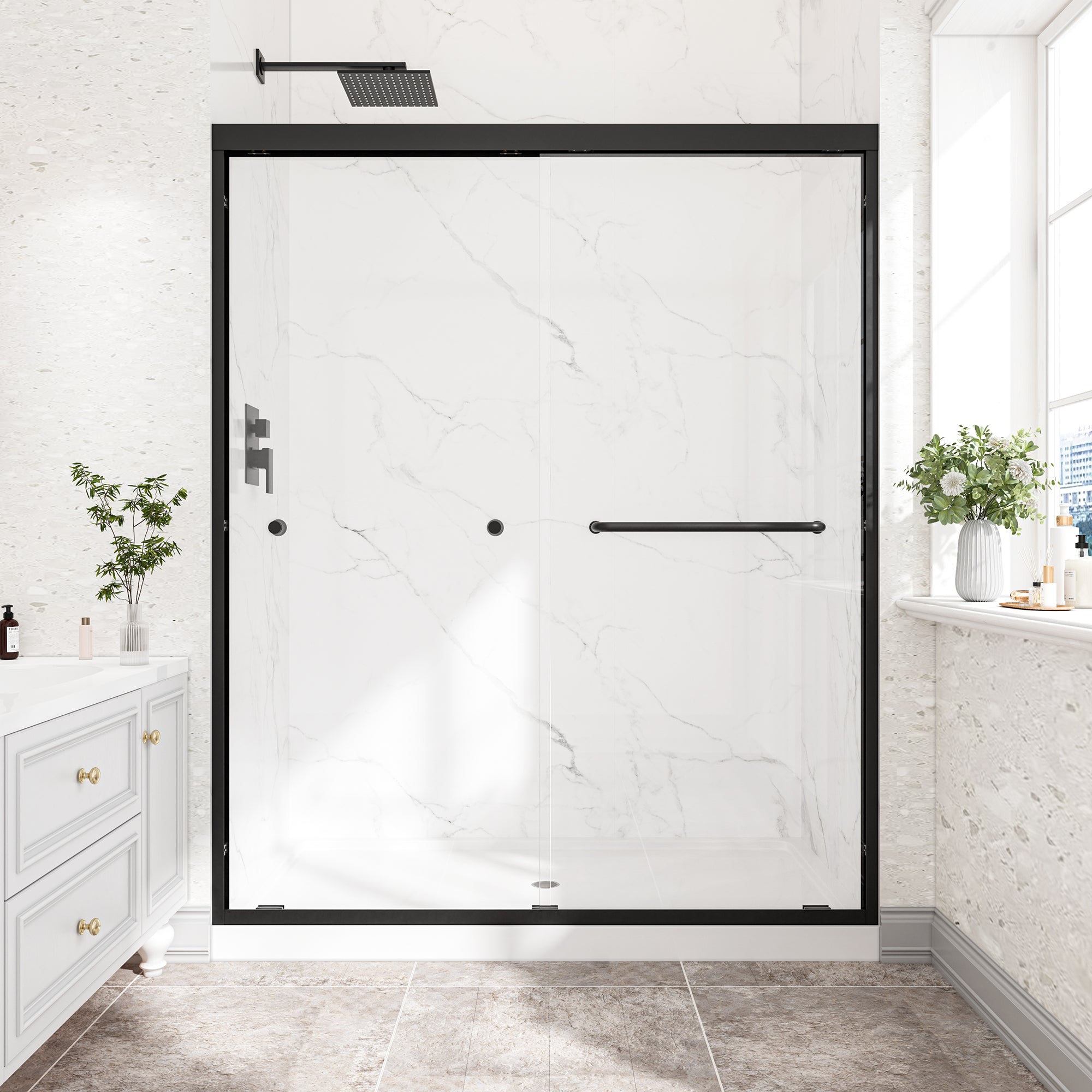 55-60 x 72 in reversible bypass shower door matte black front view