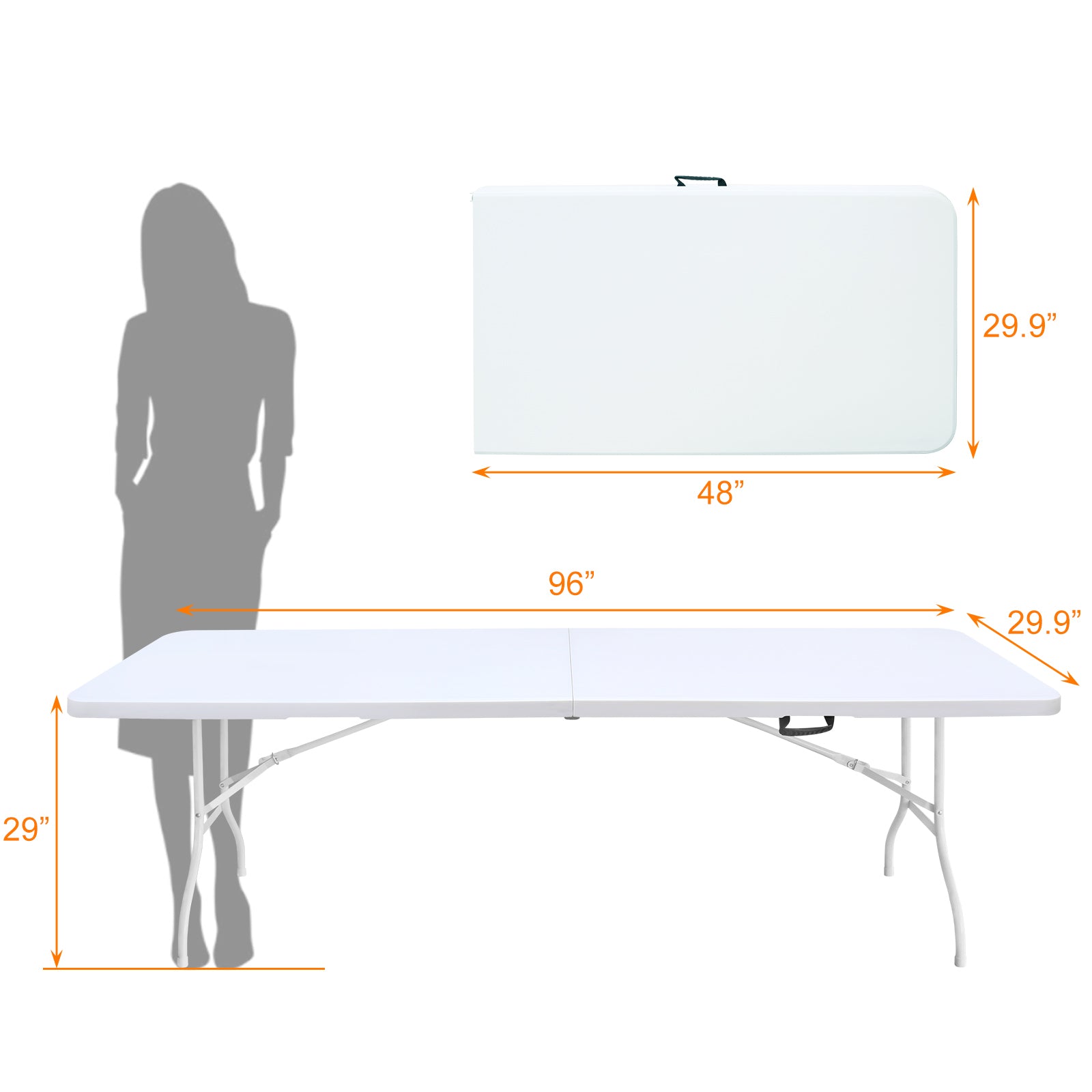 8ft Folding Table, Portable Plastic Table for Camping, Picnics, Parties, High Load Bearing Foldable Table White