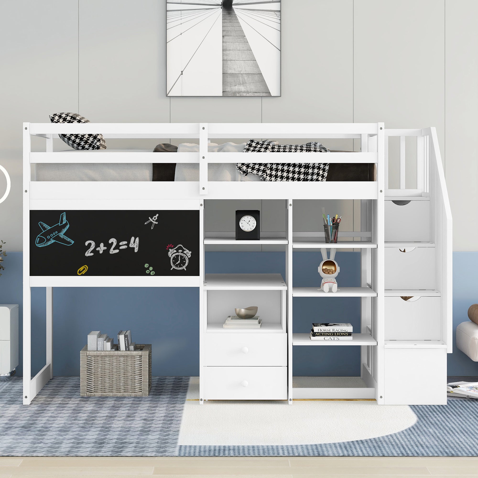 Twin Size Loft Bed with Pullable Desk and Storage Shelves,Staircase and Blackboard,White