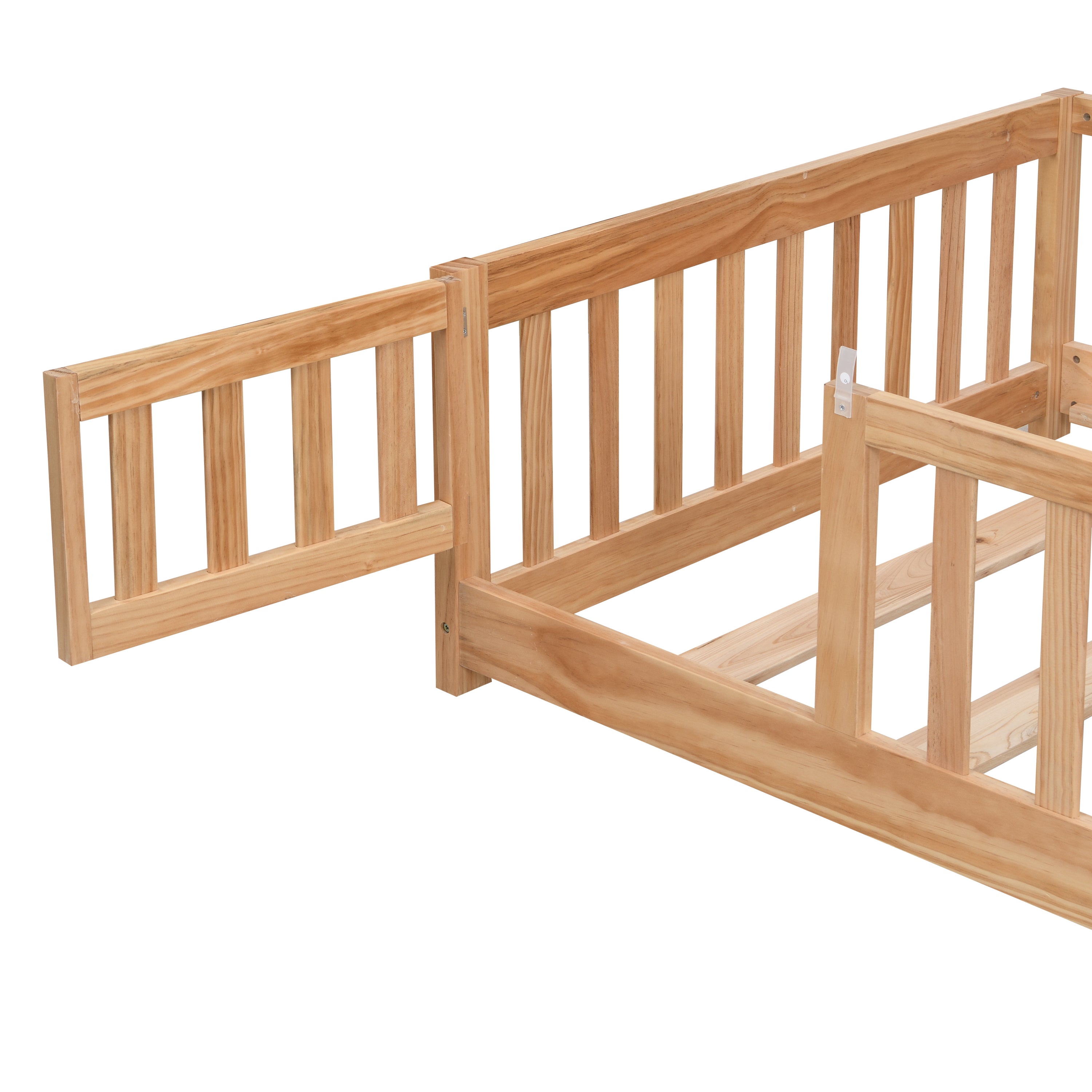 Twin Size Floor Bed with Door,Solid Wood Platform Bed Frame  with Fence,Suitable for children,Pine Wood,Natural