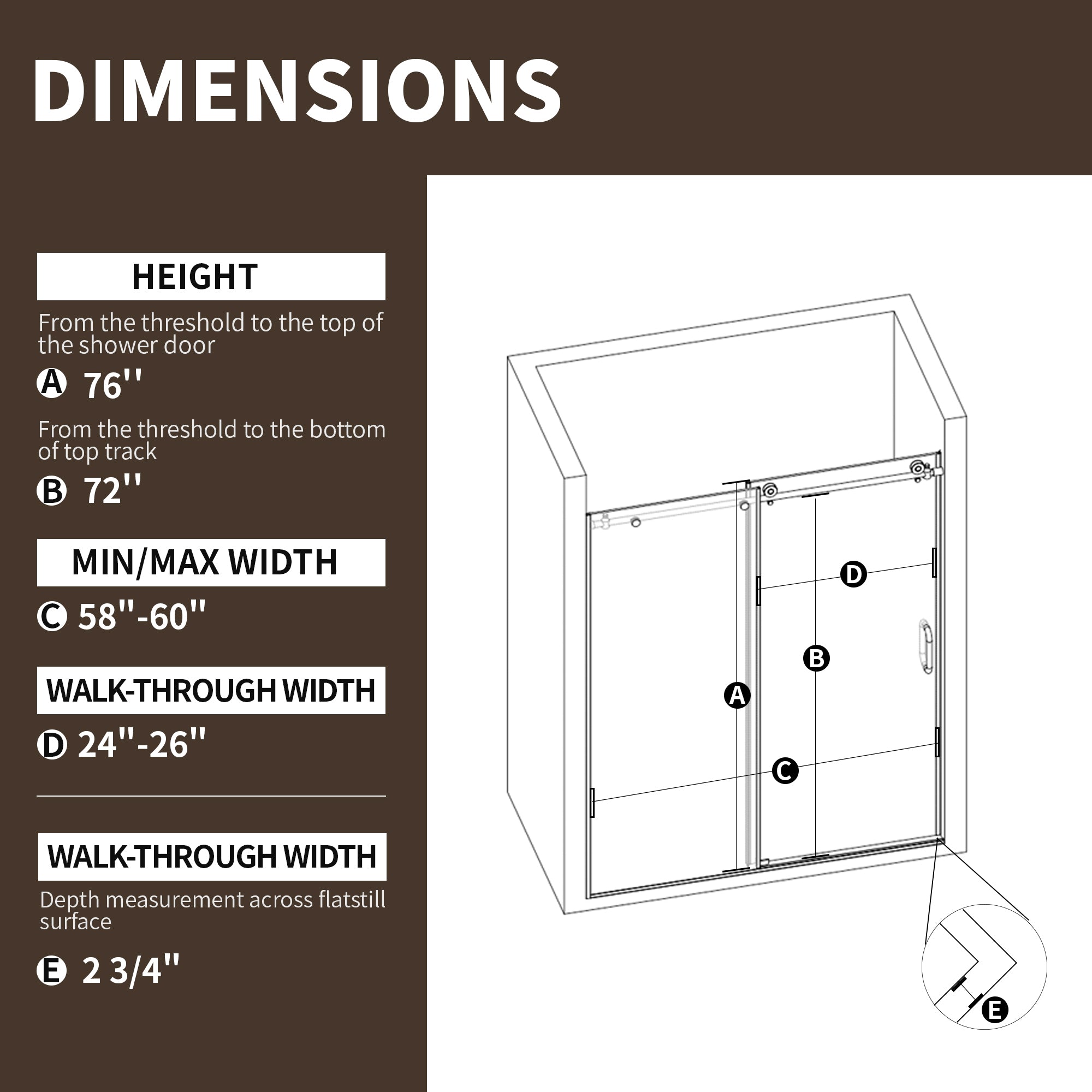 Frameless Sliding Shower Door 58-60"W x 76"H, Bathroom Sliding Door with 5/16" Clear Tempered Glass, Chrome Finish, Designed for Smooth Door Closing