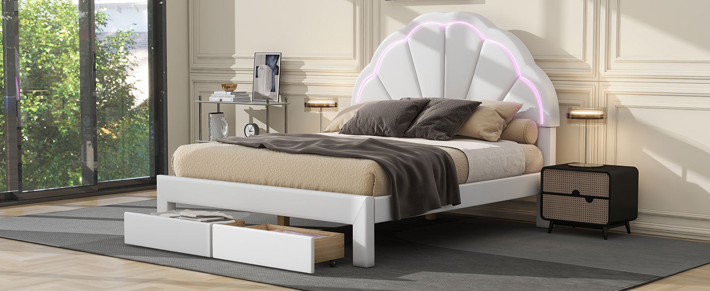 Full Size Upholstered Platform Bed with Seashell Shaped Headboard, LED and 2 Drawers, White