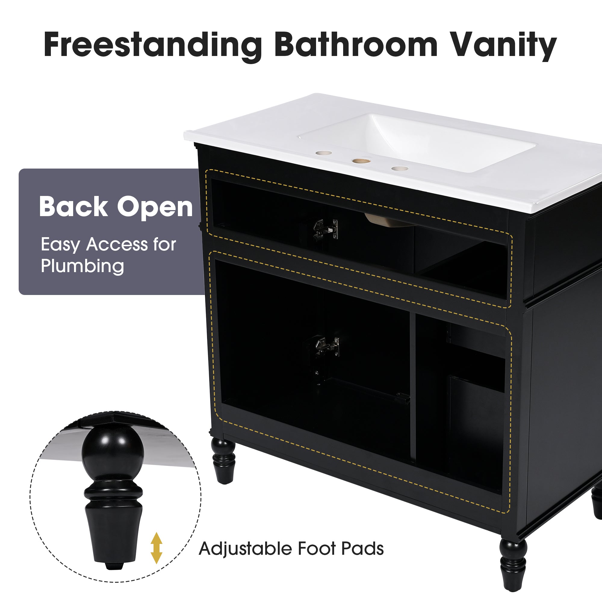 36" Bathroom Vanity with Sink, Black Bathroom Cabinet with Drawers, Solid Frame and MDF Board, One Package