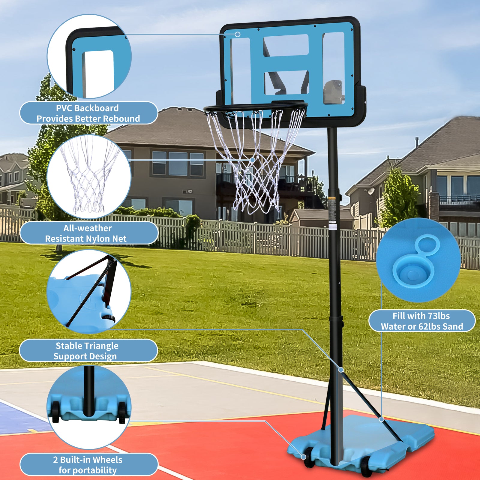 Use for Outdoor Height Adjustable 4.8 to 7.7ft Basketball Hoop 28 Inch Backboard Portable Basketball Goal System with Stable Base and Wheels