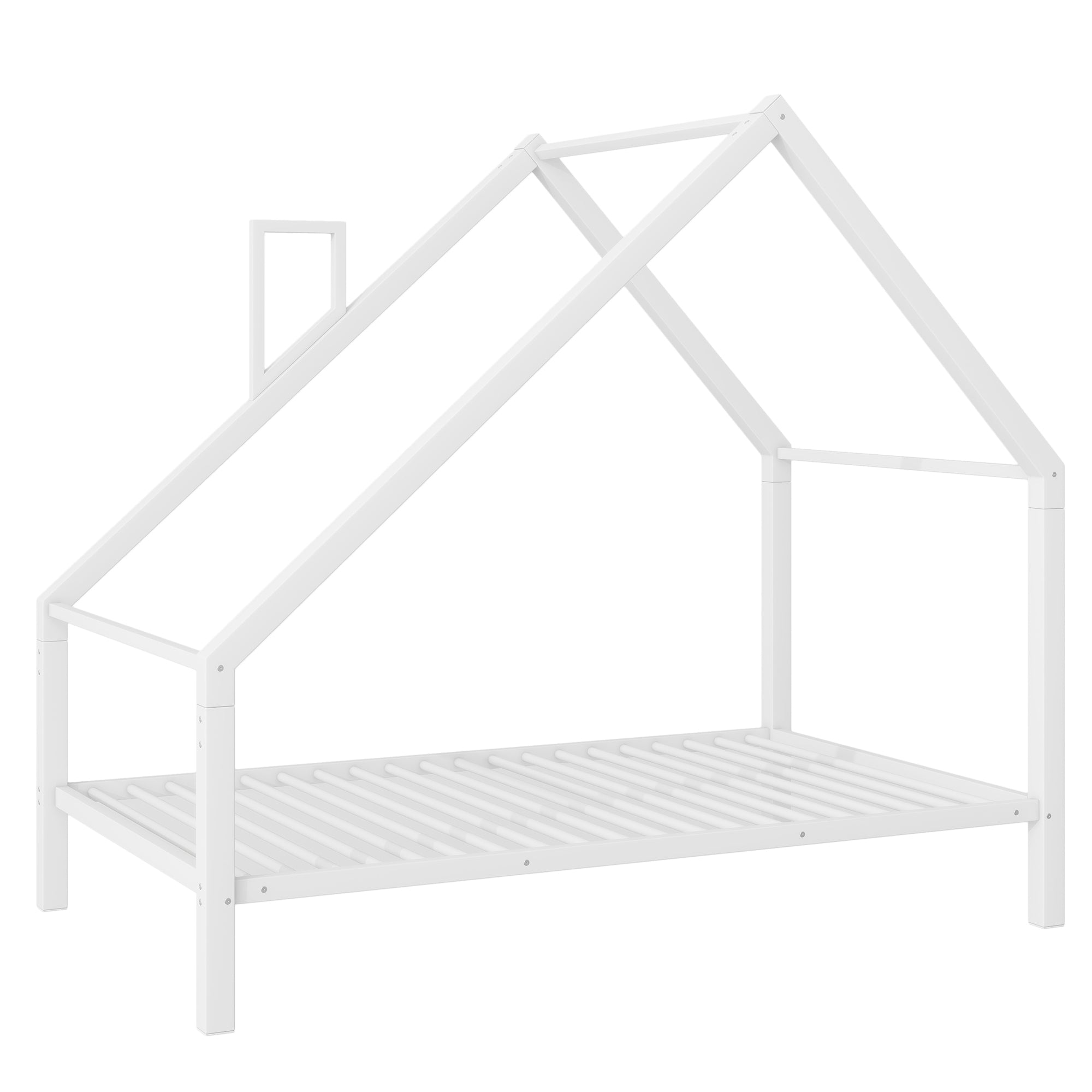 Twin Size Metal House Platform Bed with Roof and Chimney, White