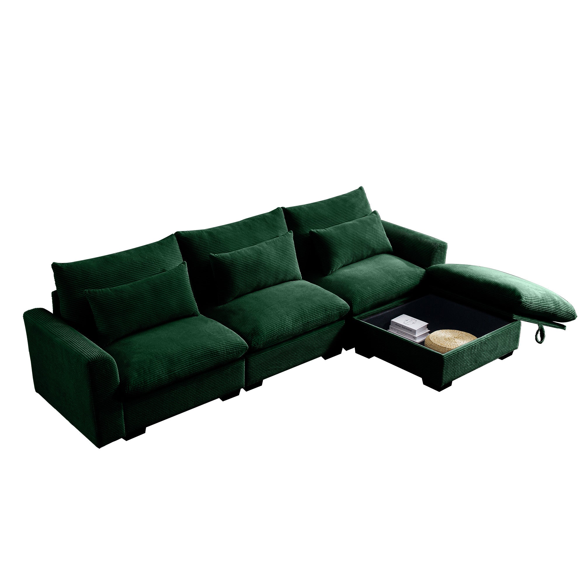 Corduroy Sectional Sofa,  L Shaped Couch with Storage Footstool and 3 Pillow, Sectional Couch for Living Room Apartment, Green