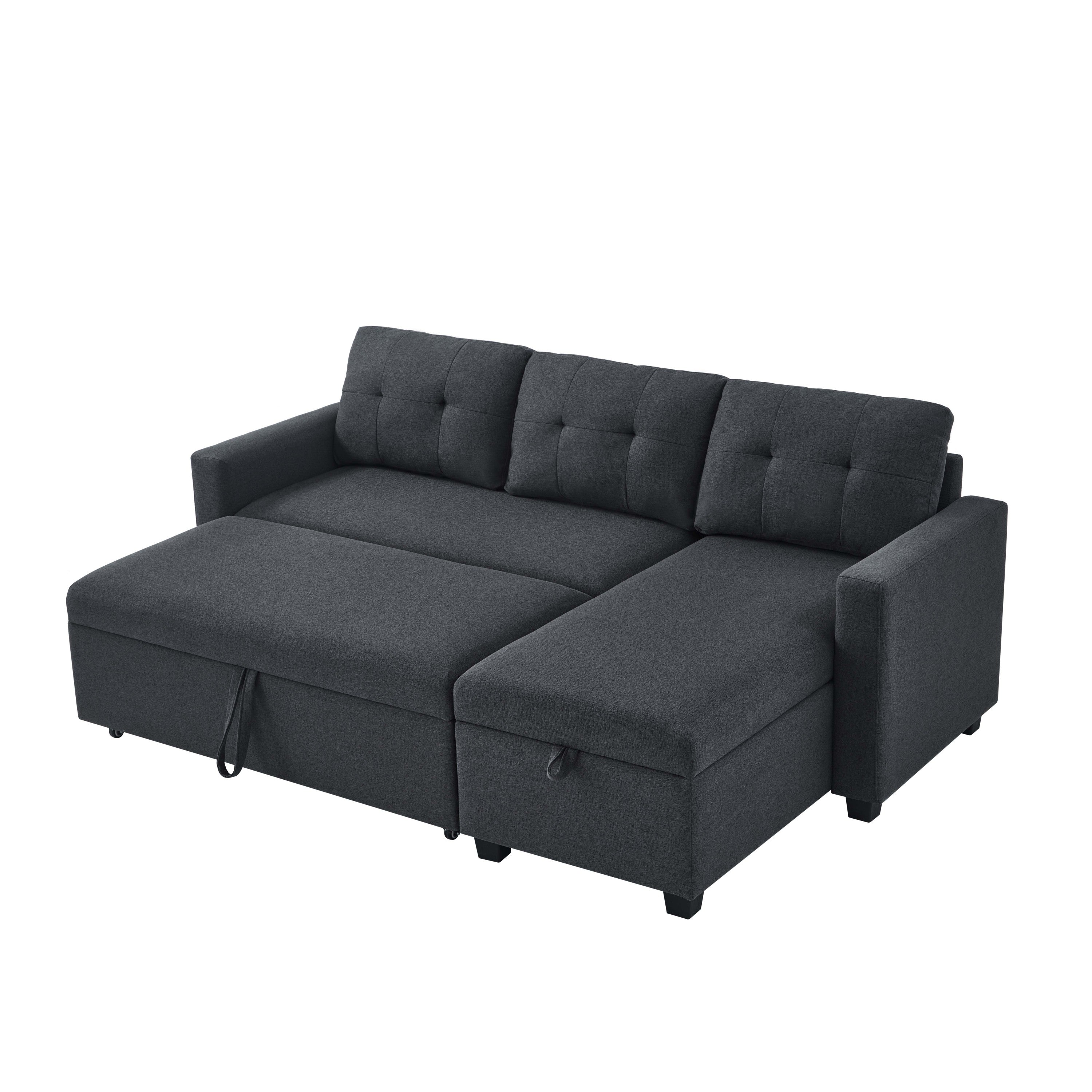 Upholstered Pull Out Sectional Sofa with Storage Chaise, Convertible Corner Couch, Dark Grey