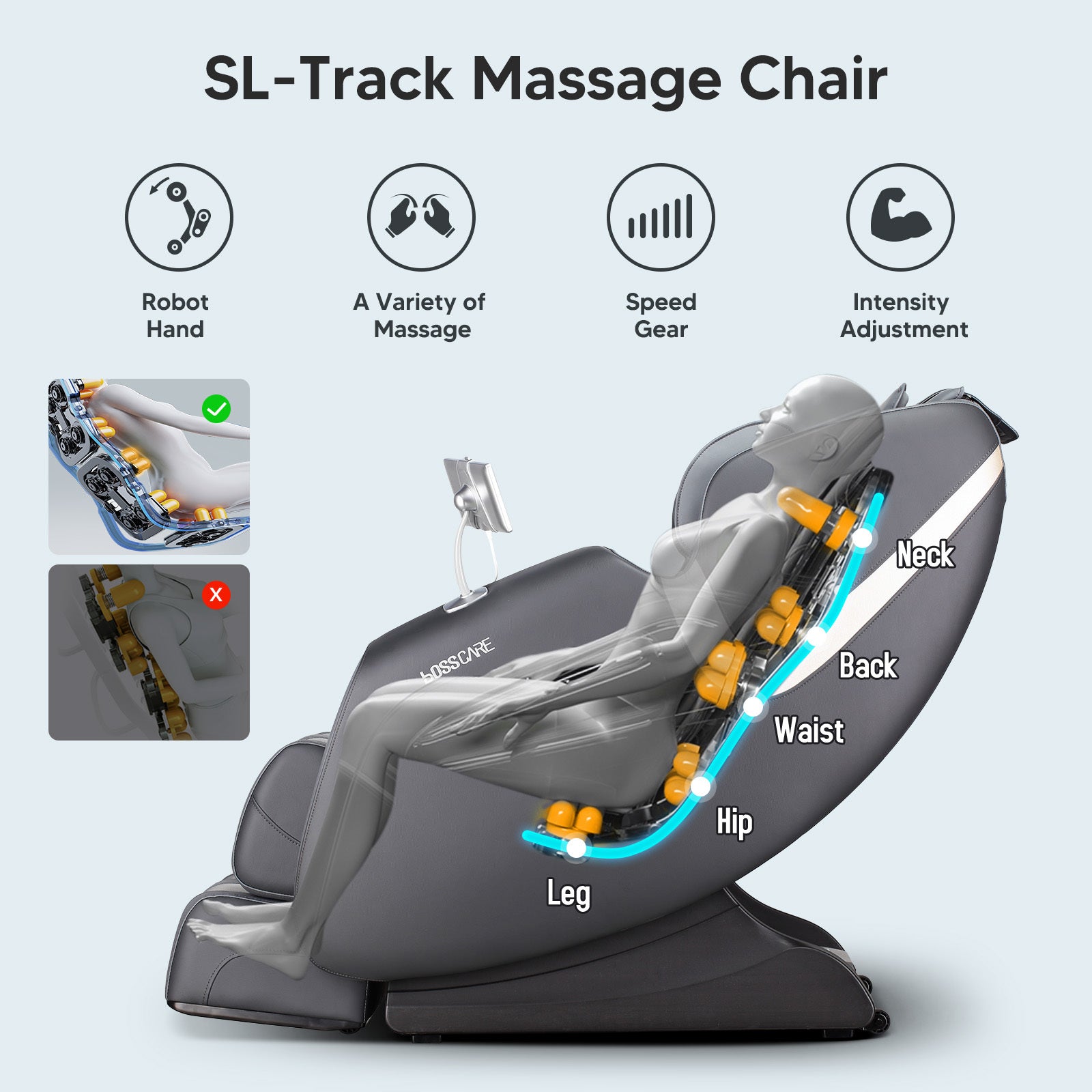 BOSSCARE 2023 New Massage Chairs with AI Voice Control Shiatsu Recliner Gray