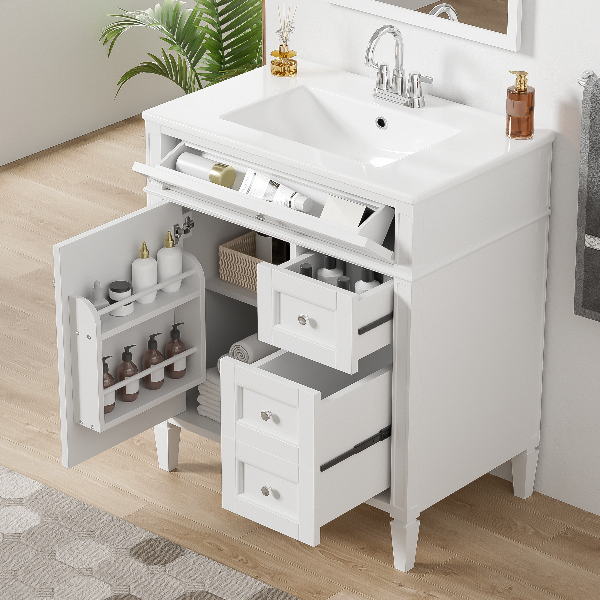 30-inch modern single sink bathroom vanity with top sink, front view