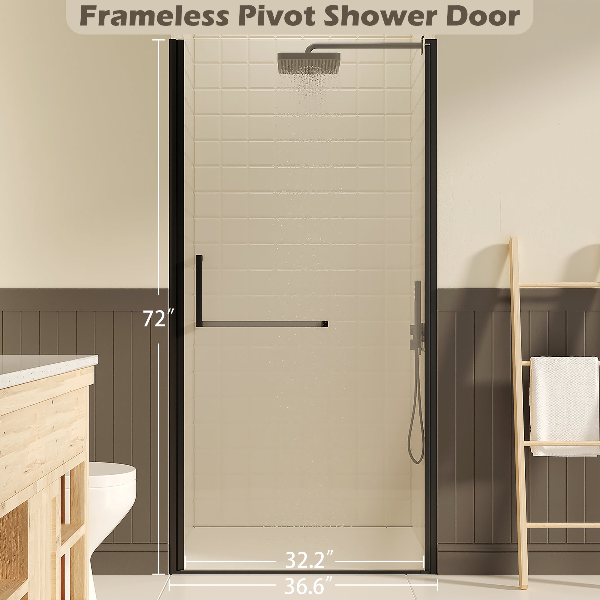 35-36 x 72 in Frameless Pivot Shower Door - 35-36 x 72 in / Matte Black view 2