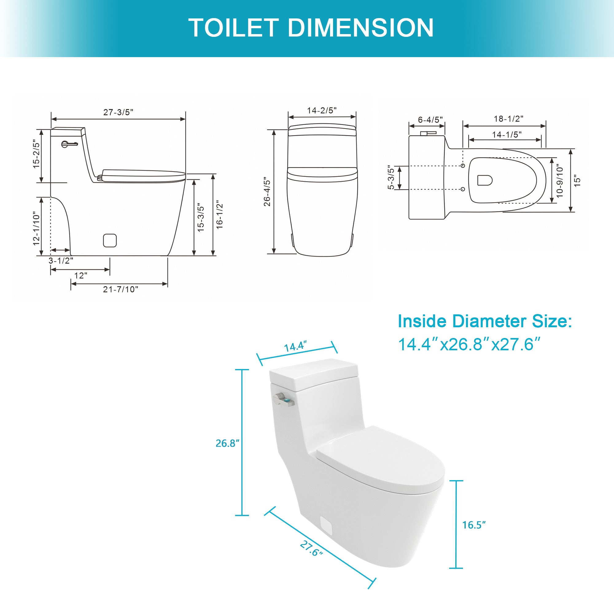 Ceramic One Piece Toilet,Single Flush with Soft Clsoing Seat