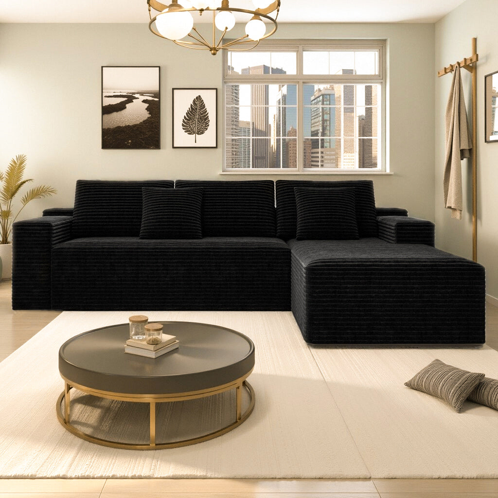 Black corduroy sectional sofa, angled view