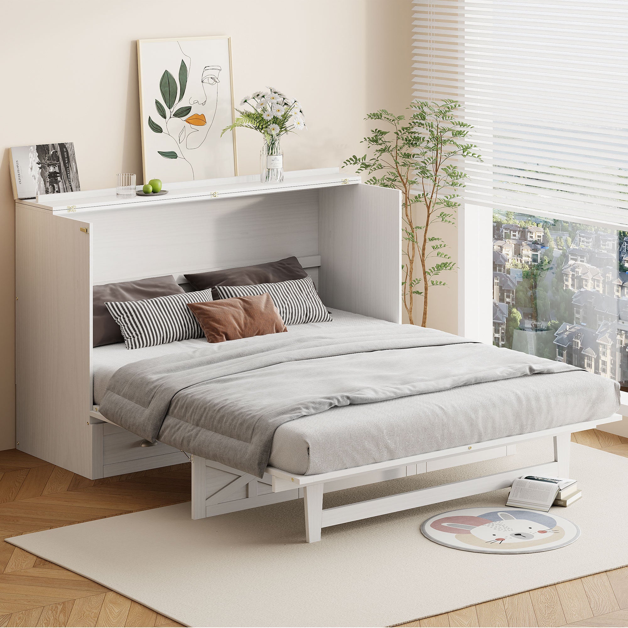 Queen Size Murphy Bed with Large Drawers,Brushed White