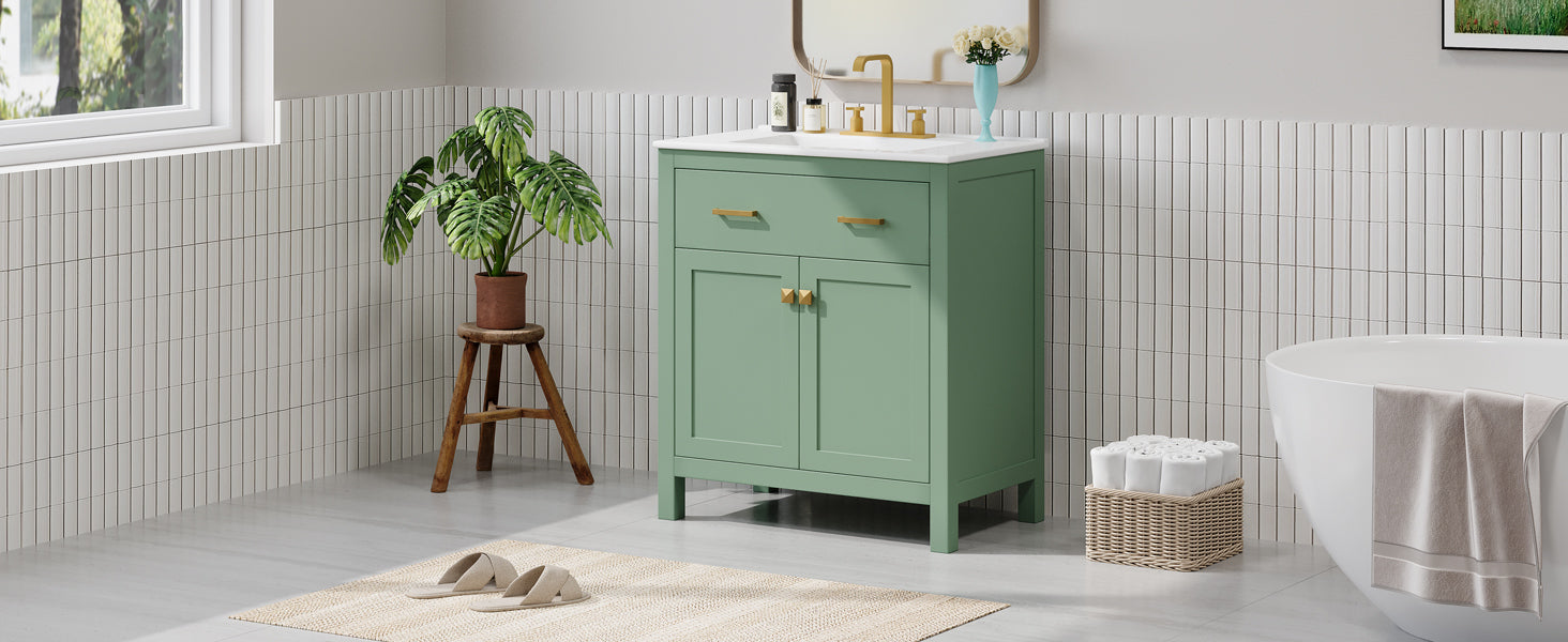 30-inch Bathroom Vanity with Ceramic Sink, Modern Green Single Bathroom Cabinet with 2 Doors and a Shelf, Soft Close Doors