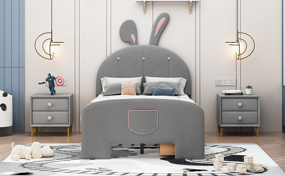 Twin Size Velvet Platform Bed with Rabbit-Shaped Headboard, with Drawers, with Bed-End Storage Pocket, Gray