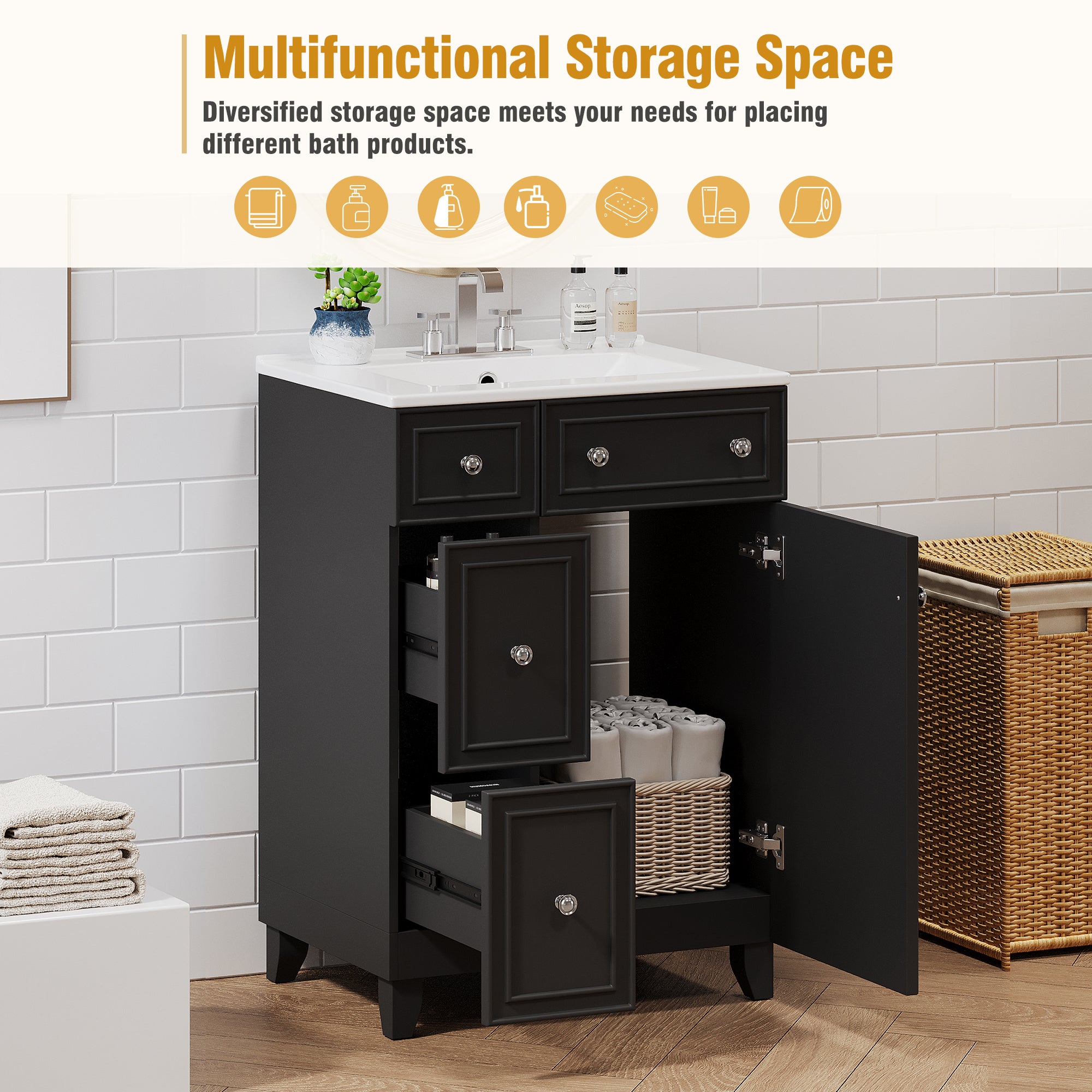 24-inch bathroom vanity with ceramic sink, styled bathroom view