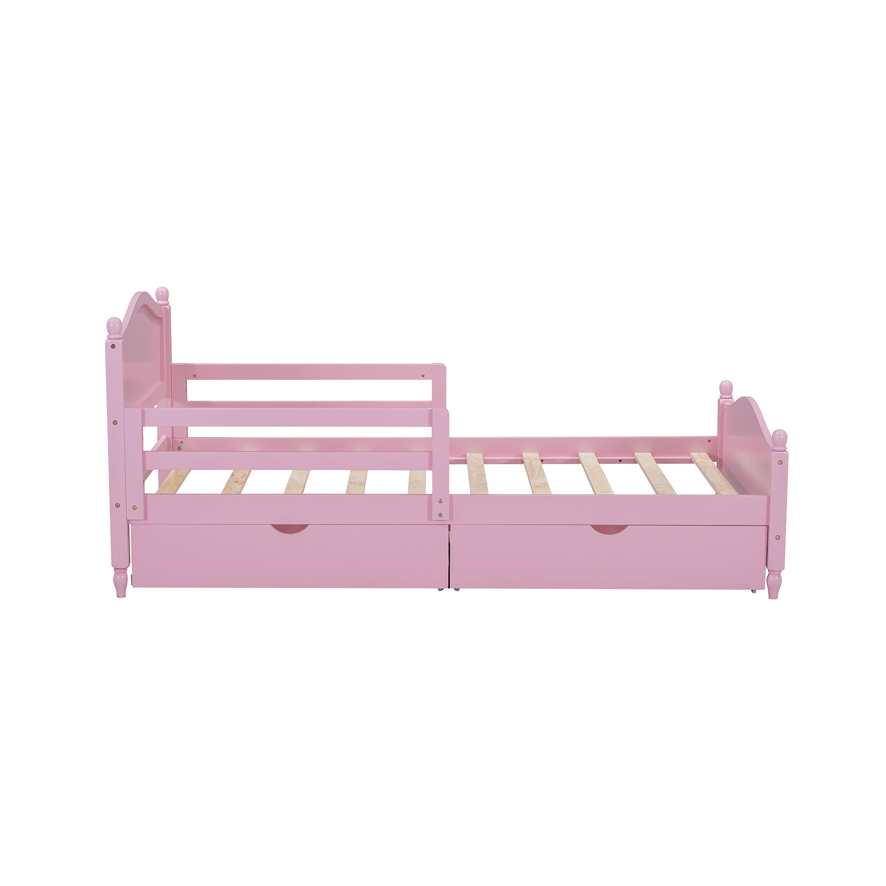 Twin Size Wood Platform Bed with Guardrails on Both Sides and Two Storage Drawers ,Pink