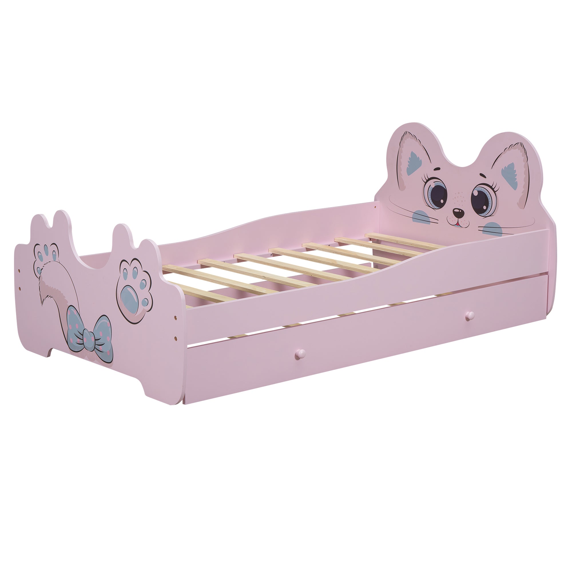 Cartoon Twin Size Platform Bed with Trundle, Pink