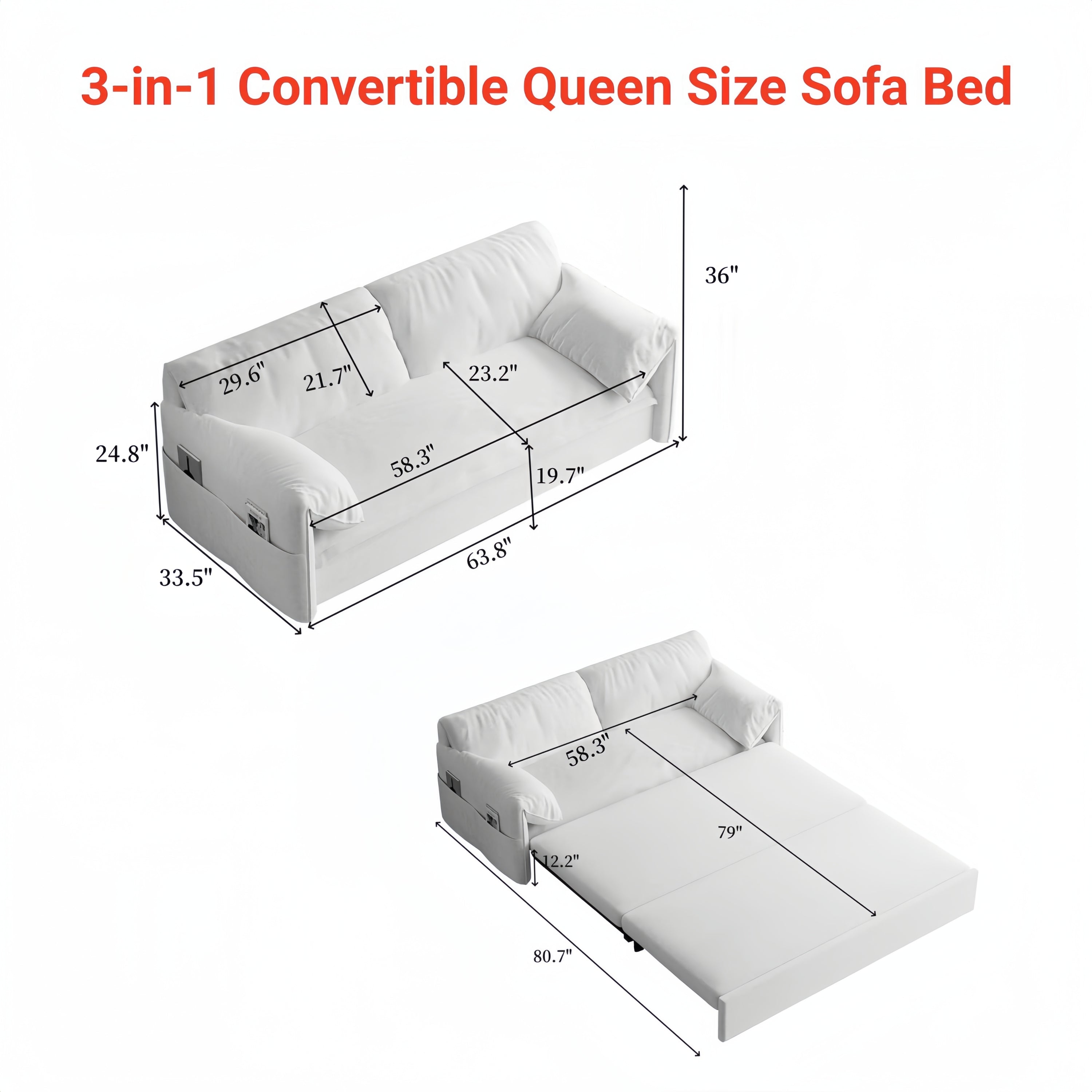 63.8" Queen Pull Out Sofa Bed, 3-in-1 Convertible Sleeper Sofa with Side Storage,Multi-Functional Velvet Loveseat Bed for Living Room,Bedroom,Apartment,Office,Pink