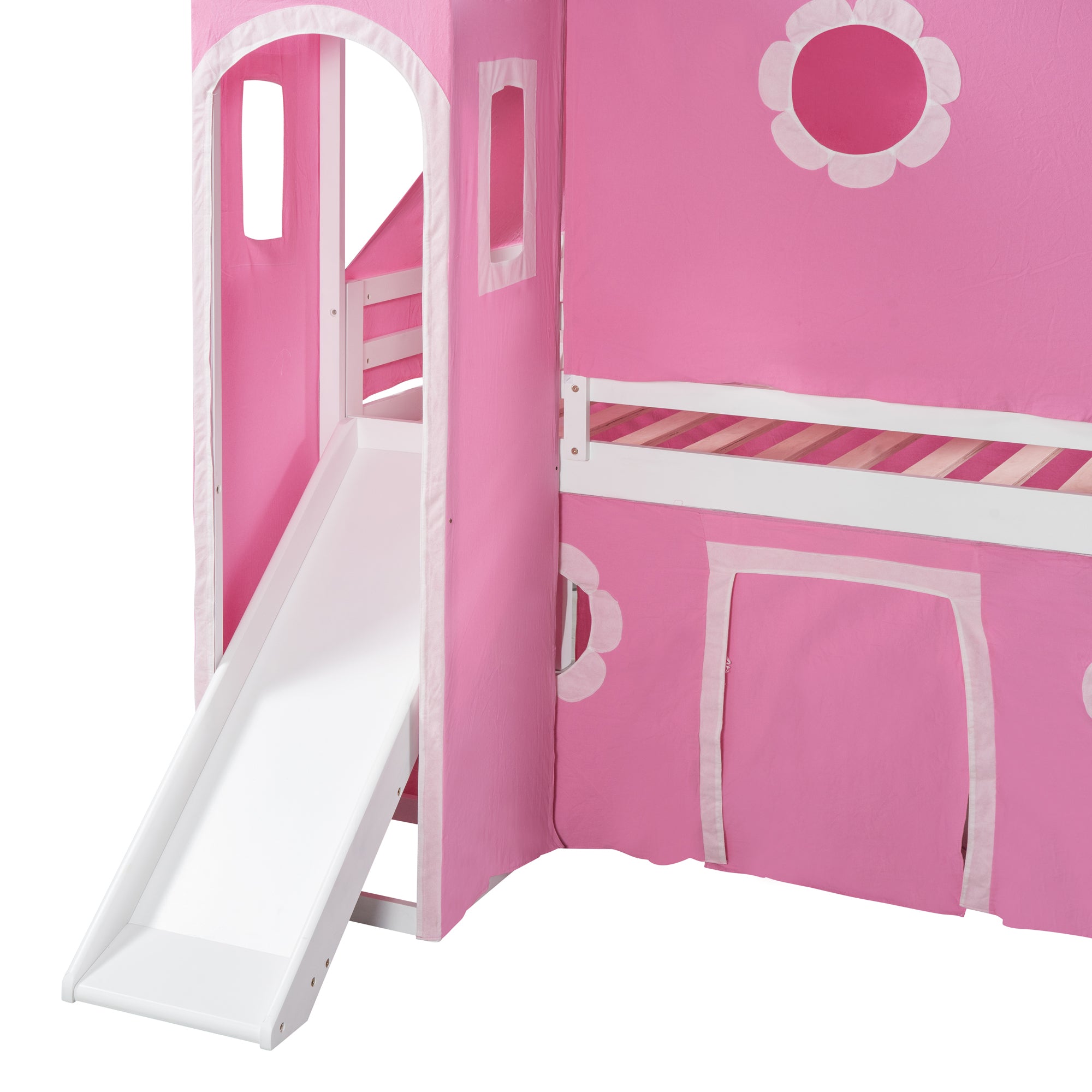 Twin Size Loft Bed with Slide Pink Tent and Tower - Pink