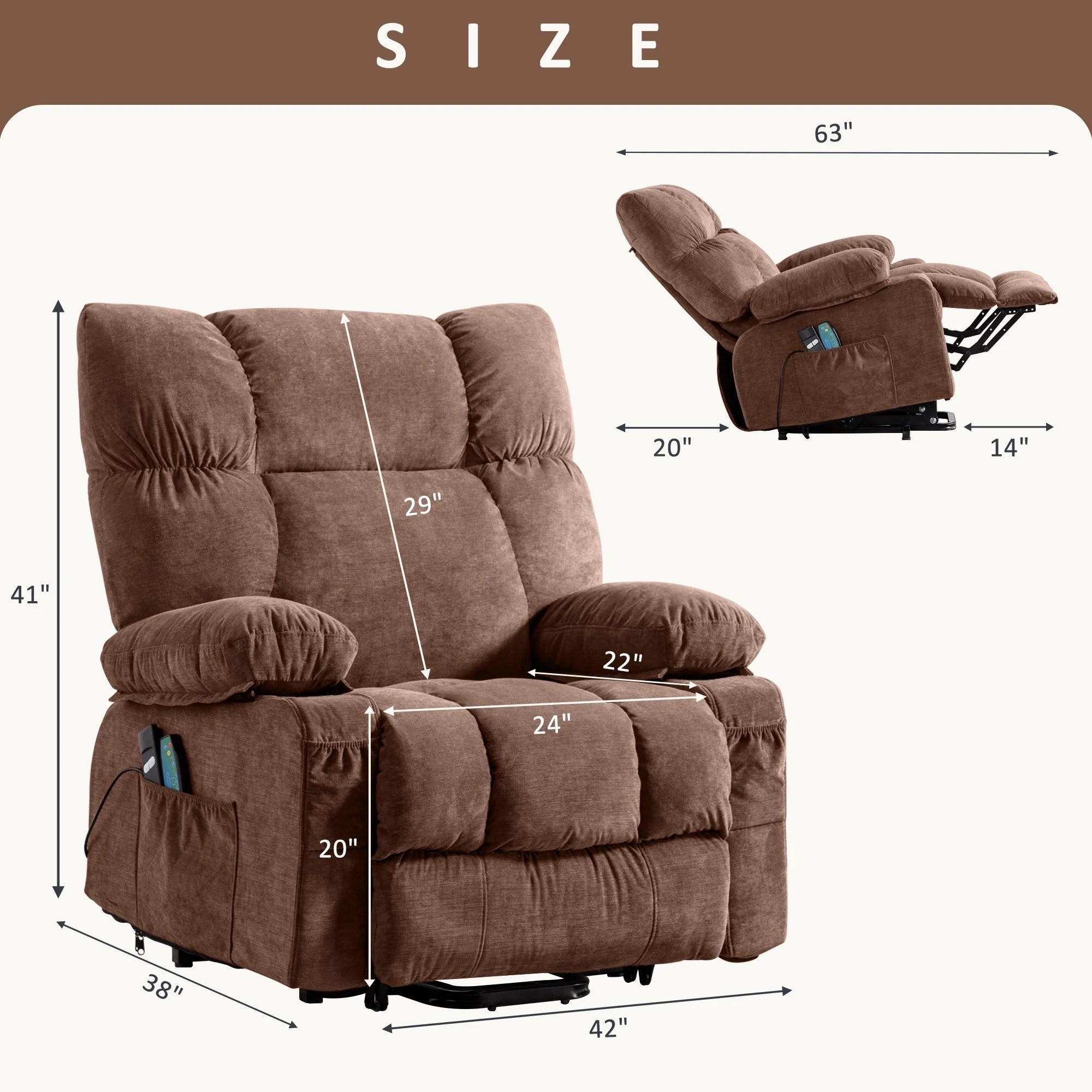 Power Lift Recliner Chair Recliners for Elderly with Heat and Massage Recliner Chair for Living Room with Infinite Position and Side Pocket,USB Charge Port,BROWN