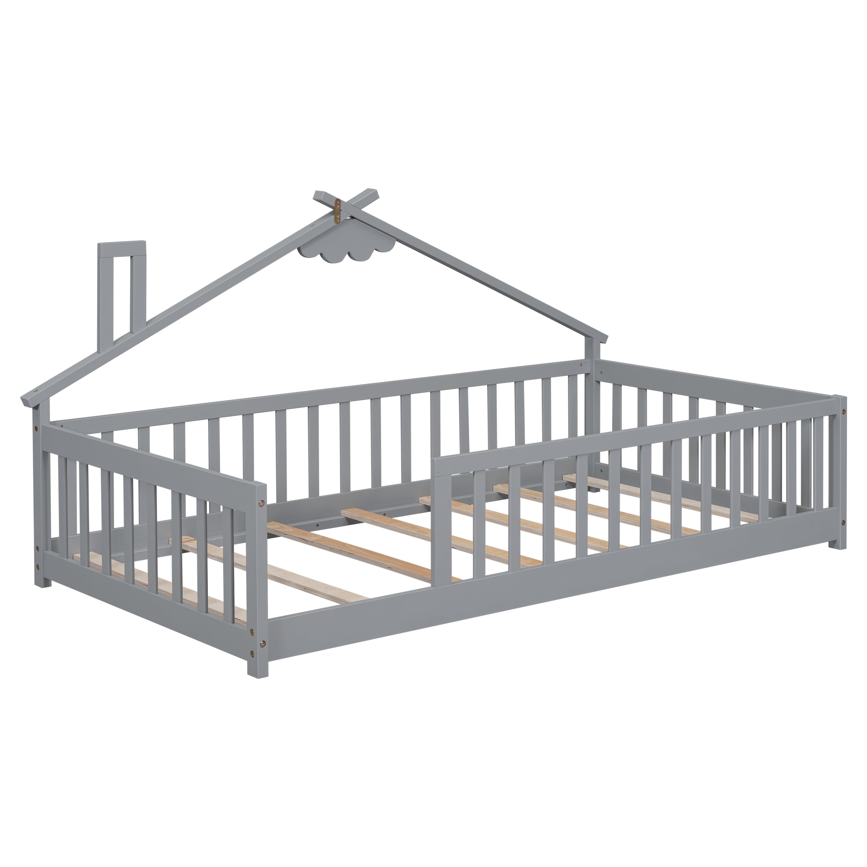 Twin House-Shaped Bedside Floor Bed with Guardrails, Slats, without Door ,Grey