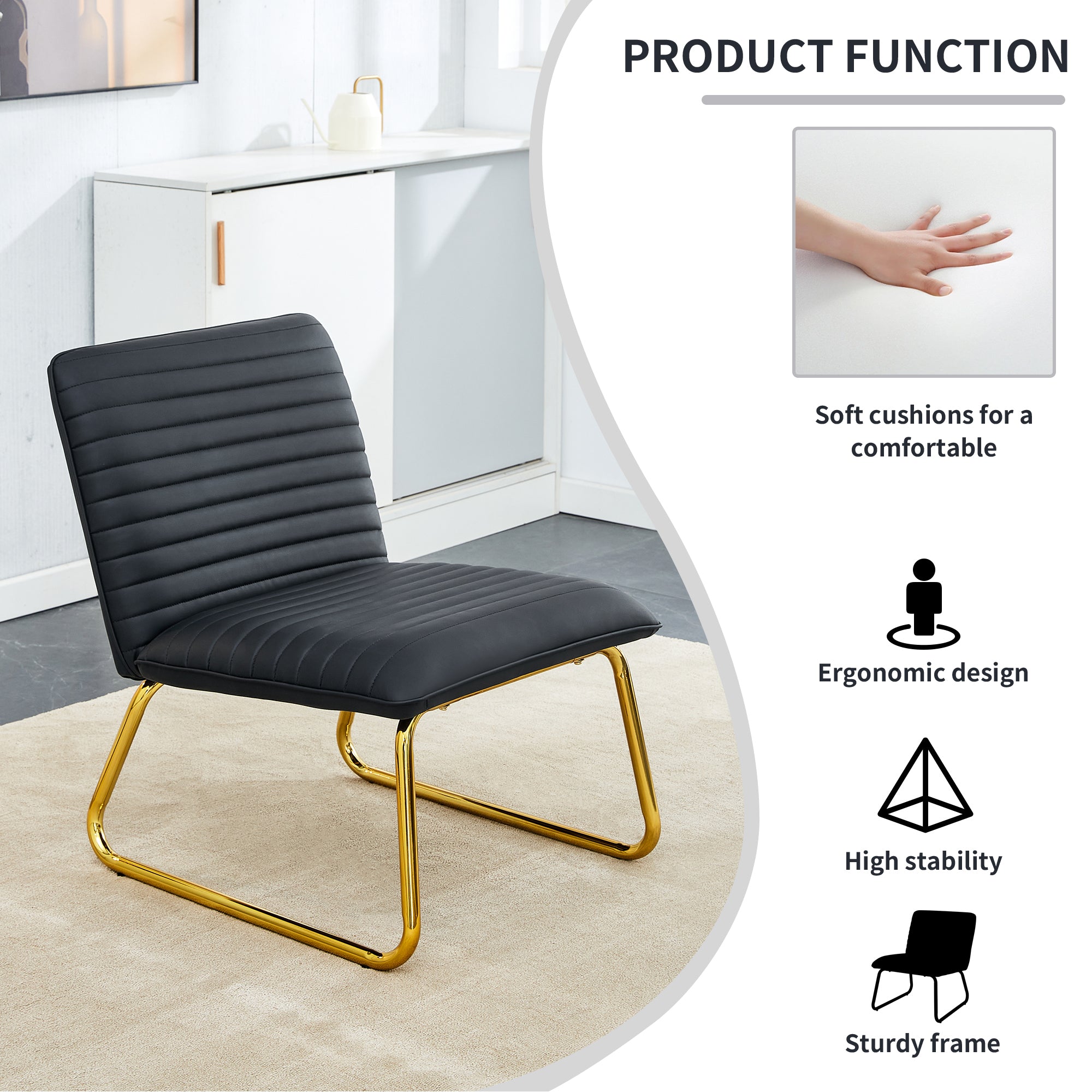 Black minimalist armless sofa chair with PU backrest and golden metal legs, suitable for offices, restaurants, kitchens, and bedrooms