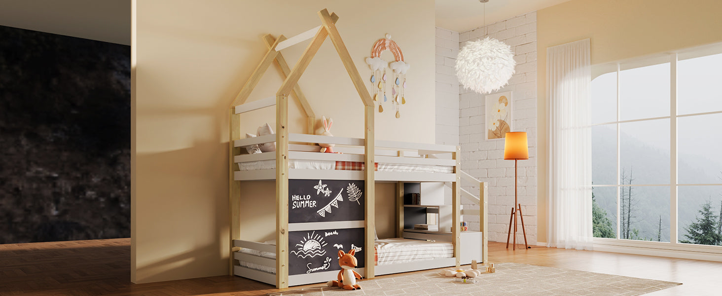 Twin over Twin House Bunk Bed with White Storage Staircase and 2 Blackboards, White and Natural