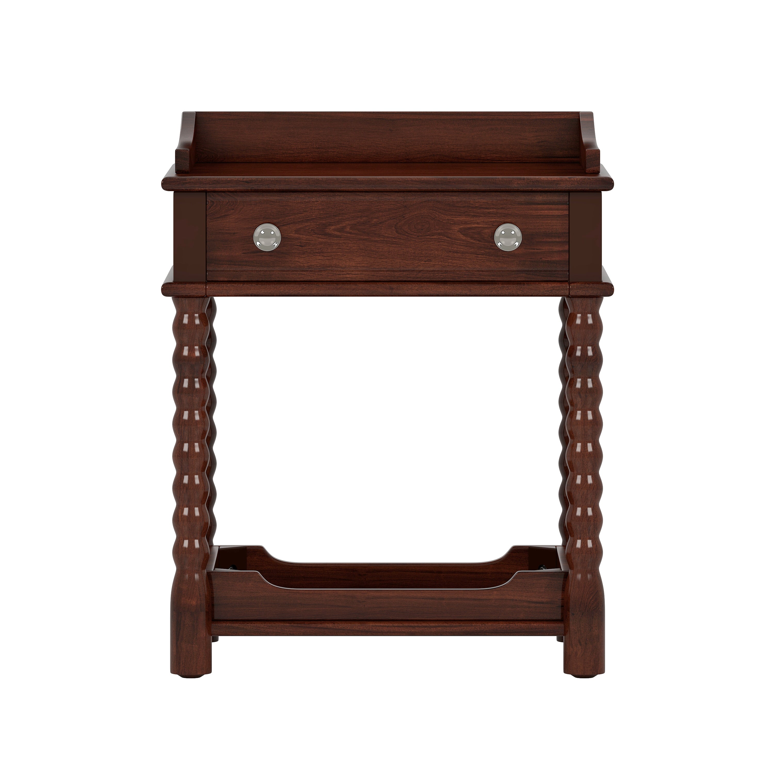 Retro walnut bedside table open lower shelf, side view