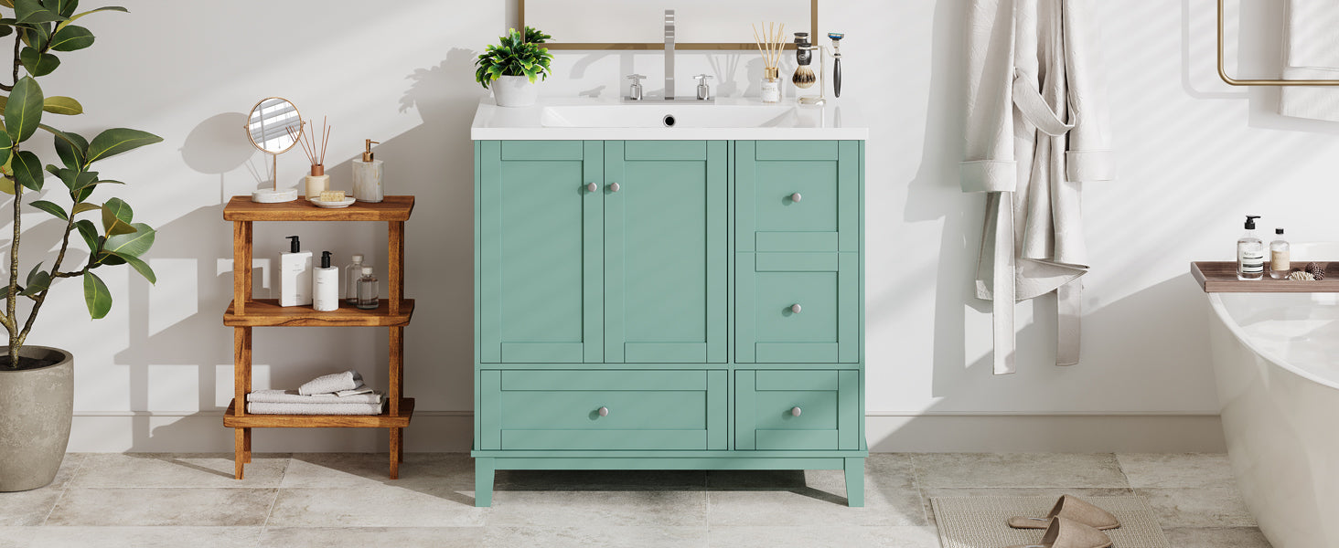 36 Inch Modern Bathroom Vanity with USB Charging, Two Doors and Three Drawers Bathroom Storage Vanity Cabinet, Small Bathroom Vanity cabinet with single sink , Green - Faucets Not Included