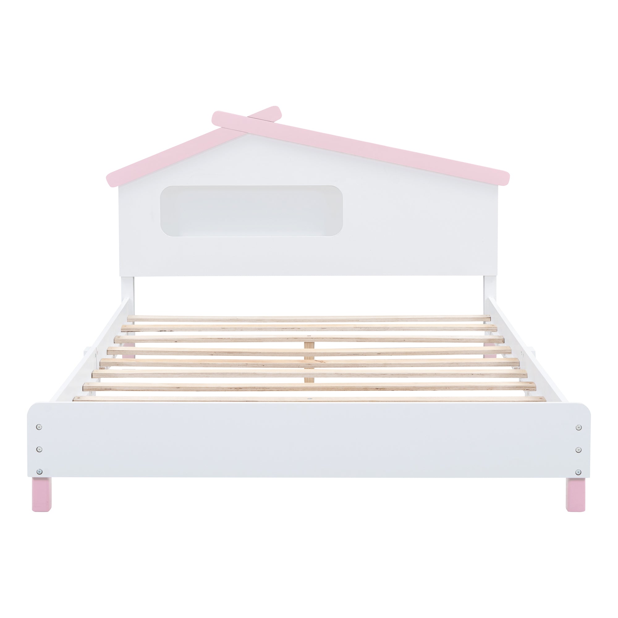 Full Size Wood Platform Bed with House-shaped Headboard and Motion Activated Night Lights (White+Pink)