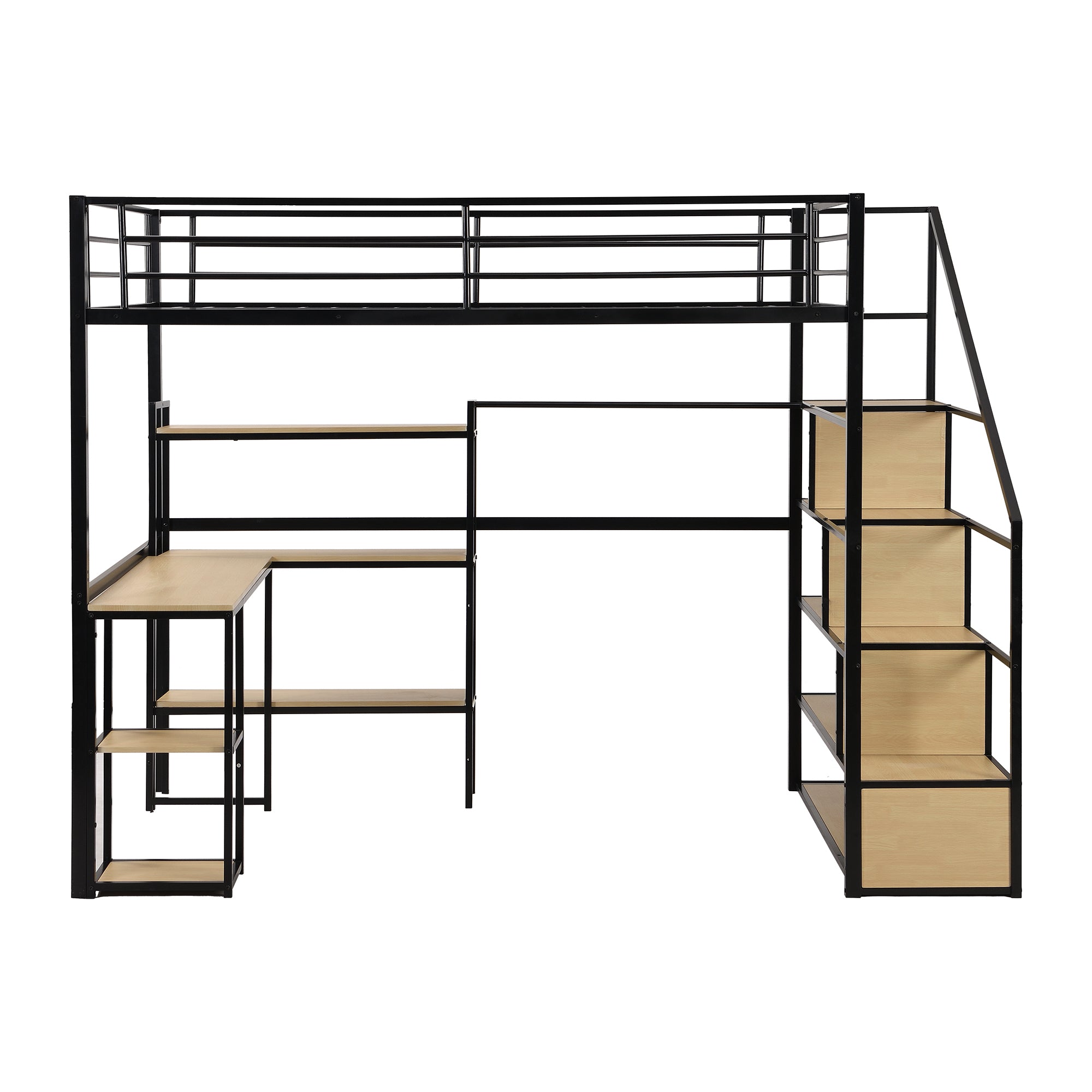 Full Size Metal Loft bed with Staircase, Built-in Desk and Shelves, Black