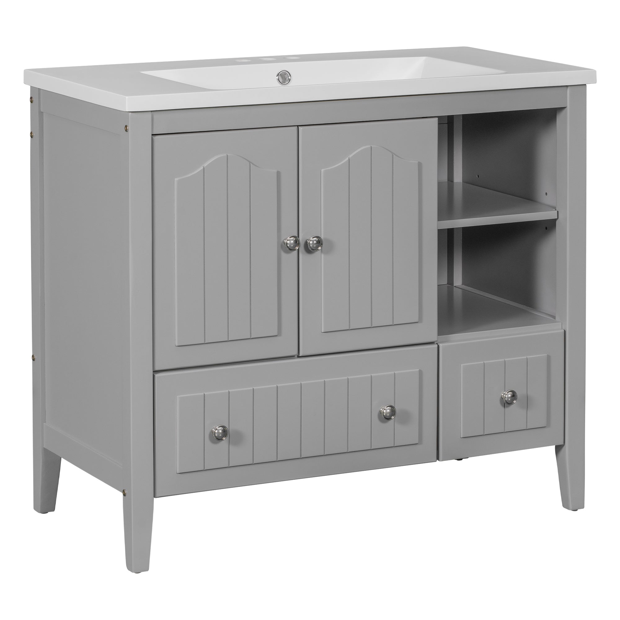 [VIDEO] 36" Bathroom Vanity with Ceramic Basin, Bathroom Storage Cabinet with Two Doors and Drawers, Solid Frame, Metal Handles, Grey (OLD SKU: JL000003AAE)