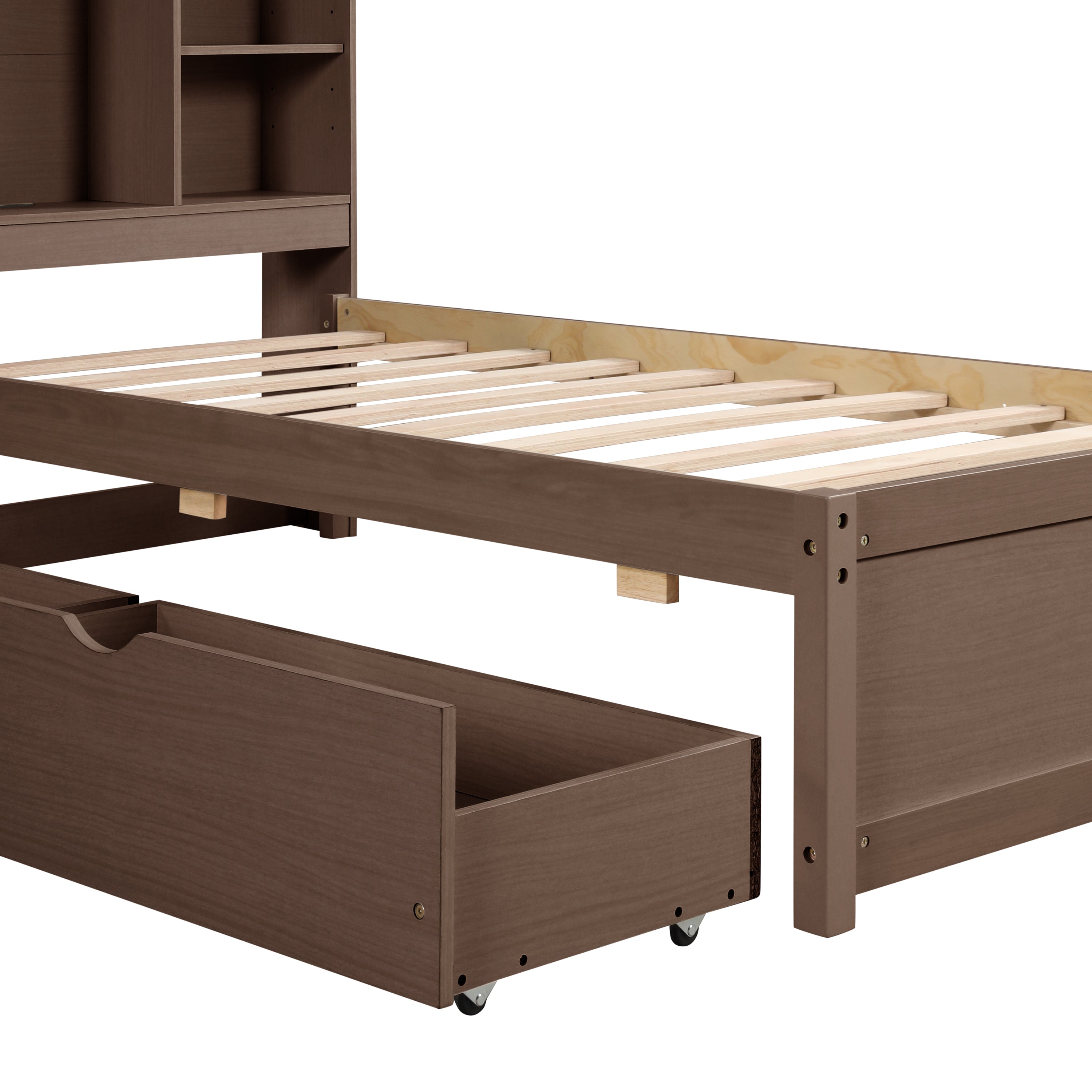 Modern Twin Size Bed Frame With Built-in USB Port on Bookcase Headboard and 2 Drawers for Walnut Color