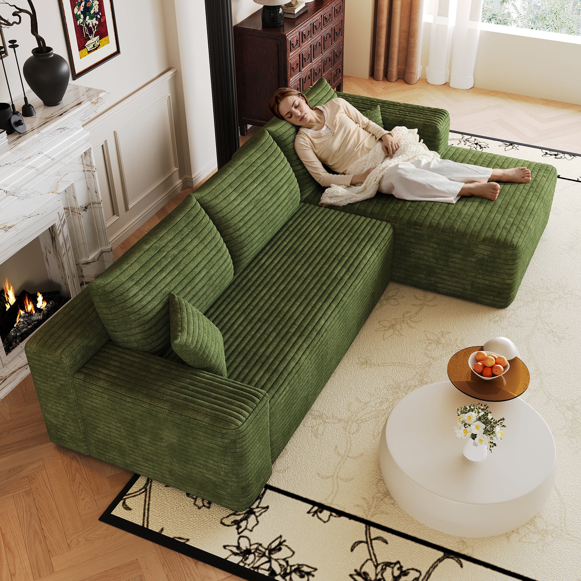 Green corduroy deep-seat sectional sofa, seat detail view