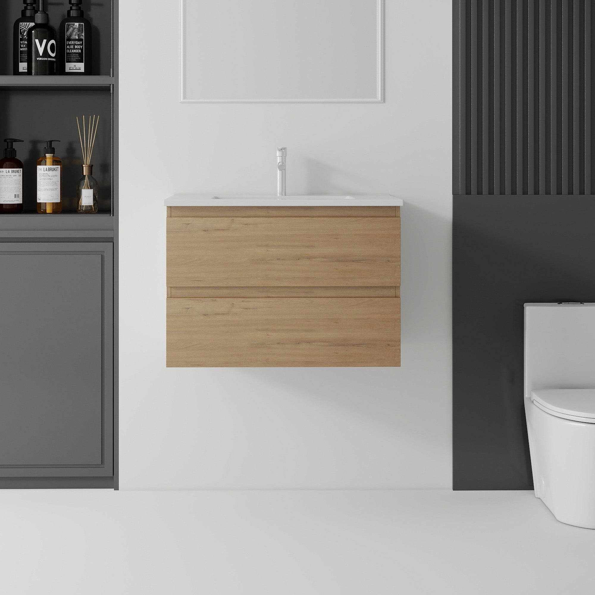 24 inch floating bathroom vanity with oak finish and ceramic sink, front view