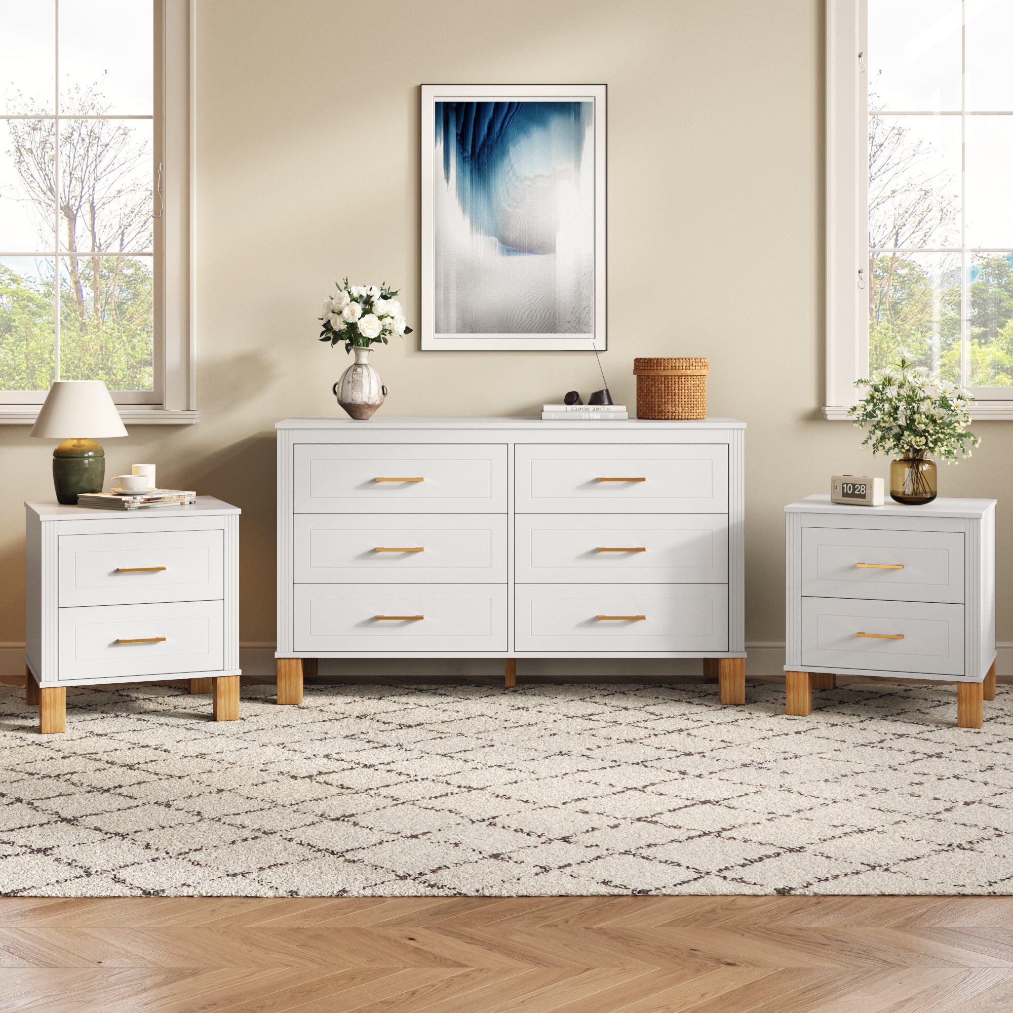 White fluted bedside nightstand styled in bedroom setting