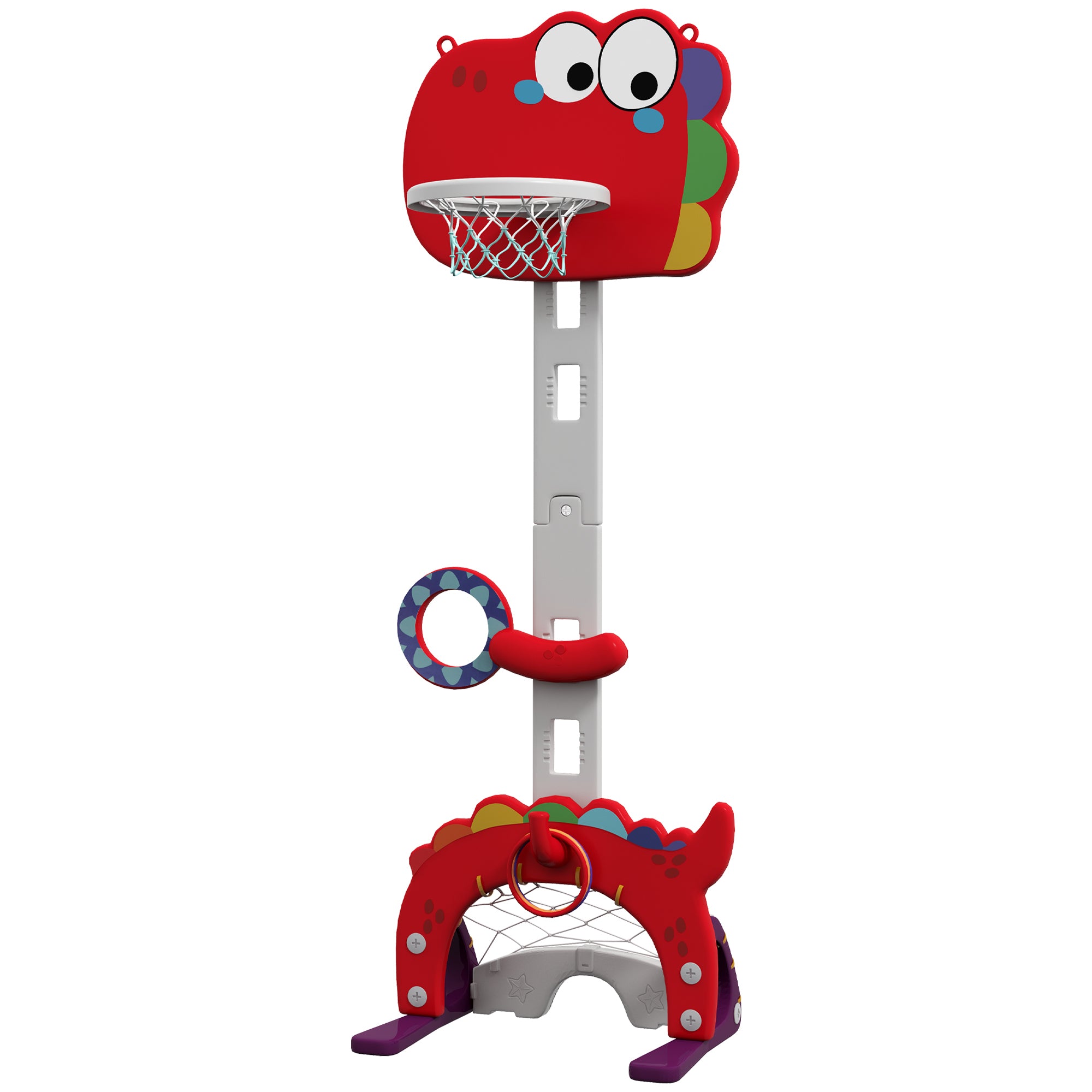 Qaba 5-in-1 Kids Basketball Hoop, Toddler Sports Activity Center, 5 Level Adjustable Height Basketball Goal with Soccer, Golf, Ring Toss & Throw Ball Game for Boys Girls 3-6 Years Indoor, Red