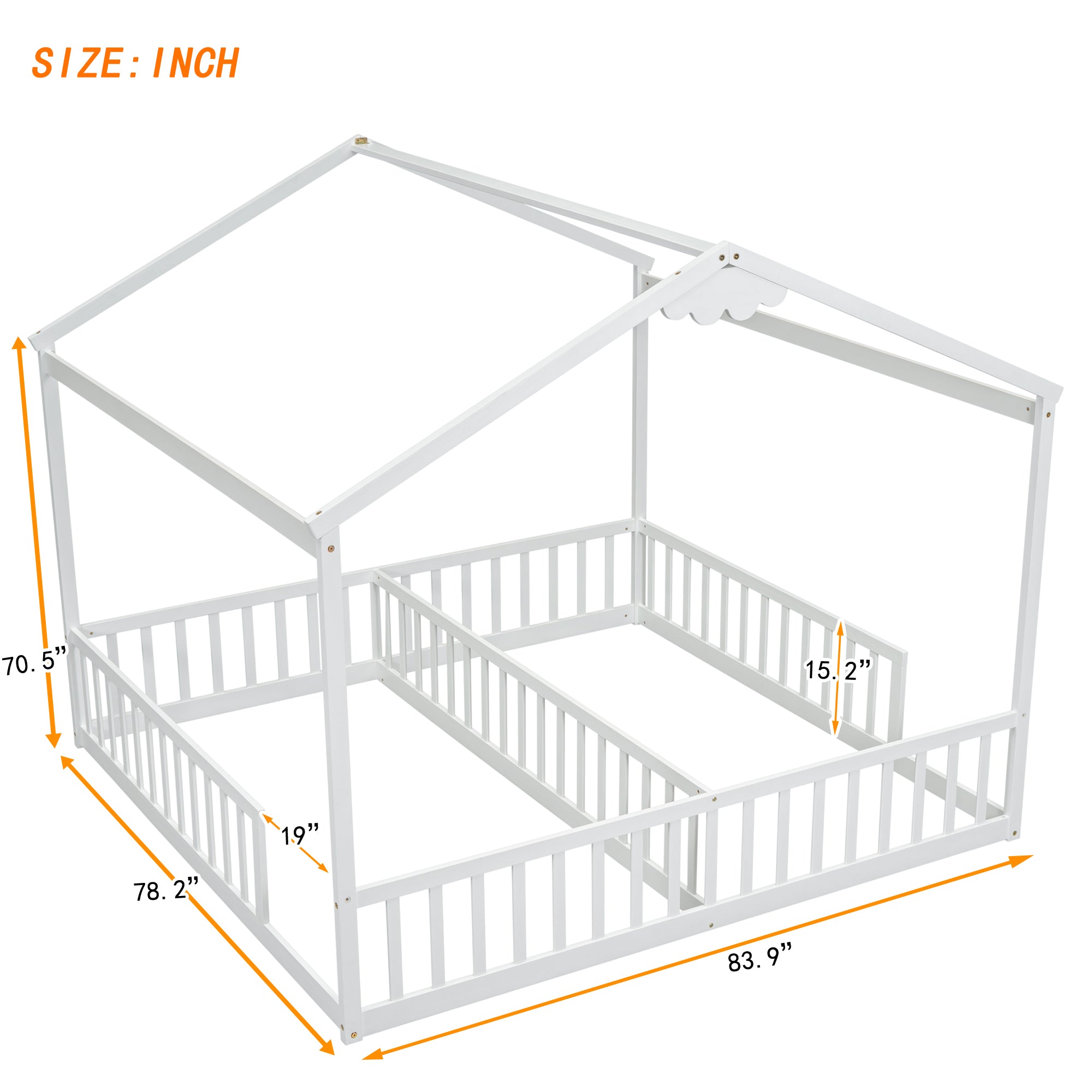 Double Twin House-Style Floor Bed with Fence, Guardrails, without door, White