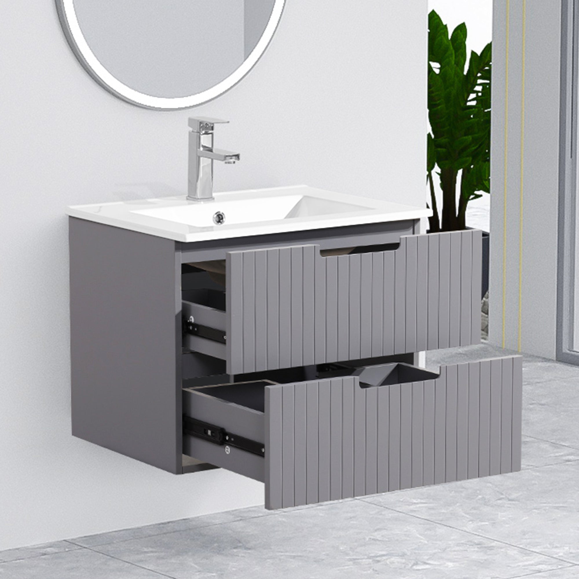 24 Inch Floating Bathroom Vanity with Ceramic Sink, Modern Bath Storage Cabinet Vanity with Drawers Wall Mounted Combo Set for Bathroom, Gray