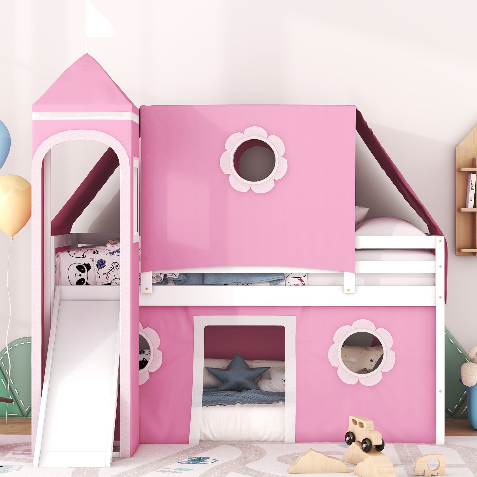 Twin Size Loft Bed with Slide Pink Tent and Tower - Pink